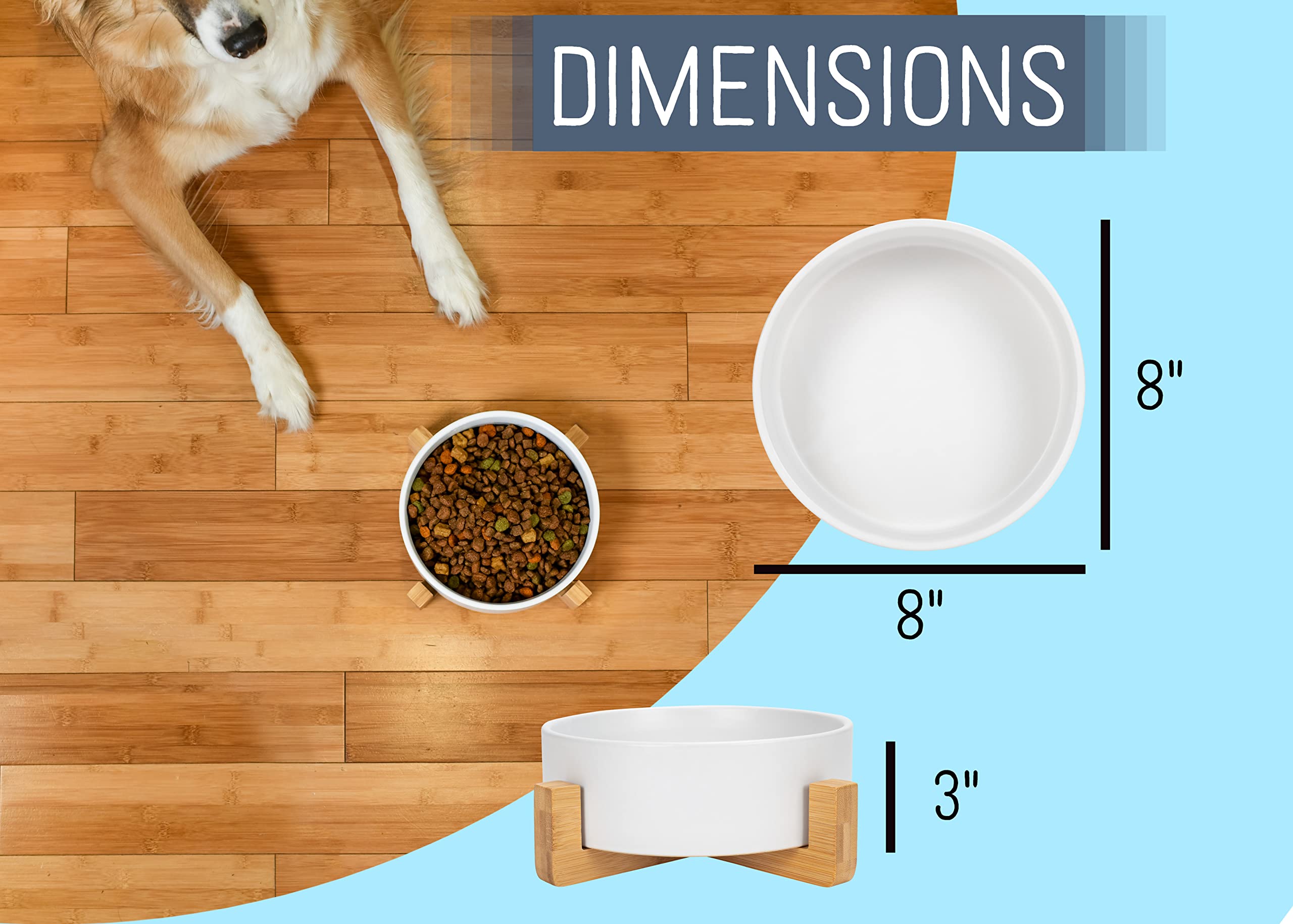 Nat & Jules Large White 8 Inch Stoneware Ceramic And Wood Pet Bowl With Stand