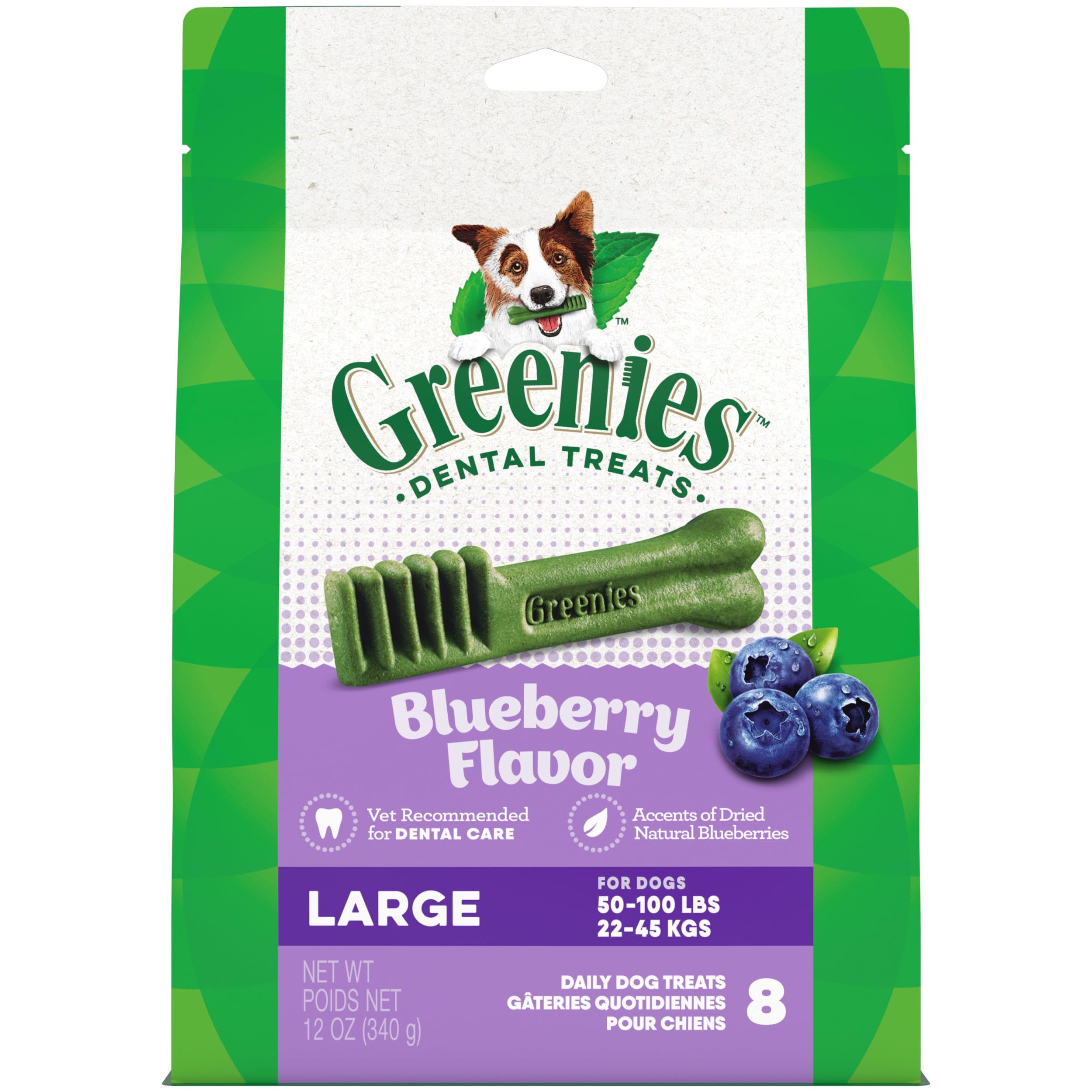 Greenies Large Dental Dog Treats, Blueberry Flavor, 12 oz. Pack (8 Treats)
