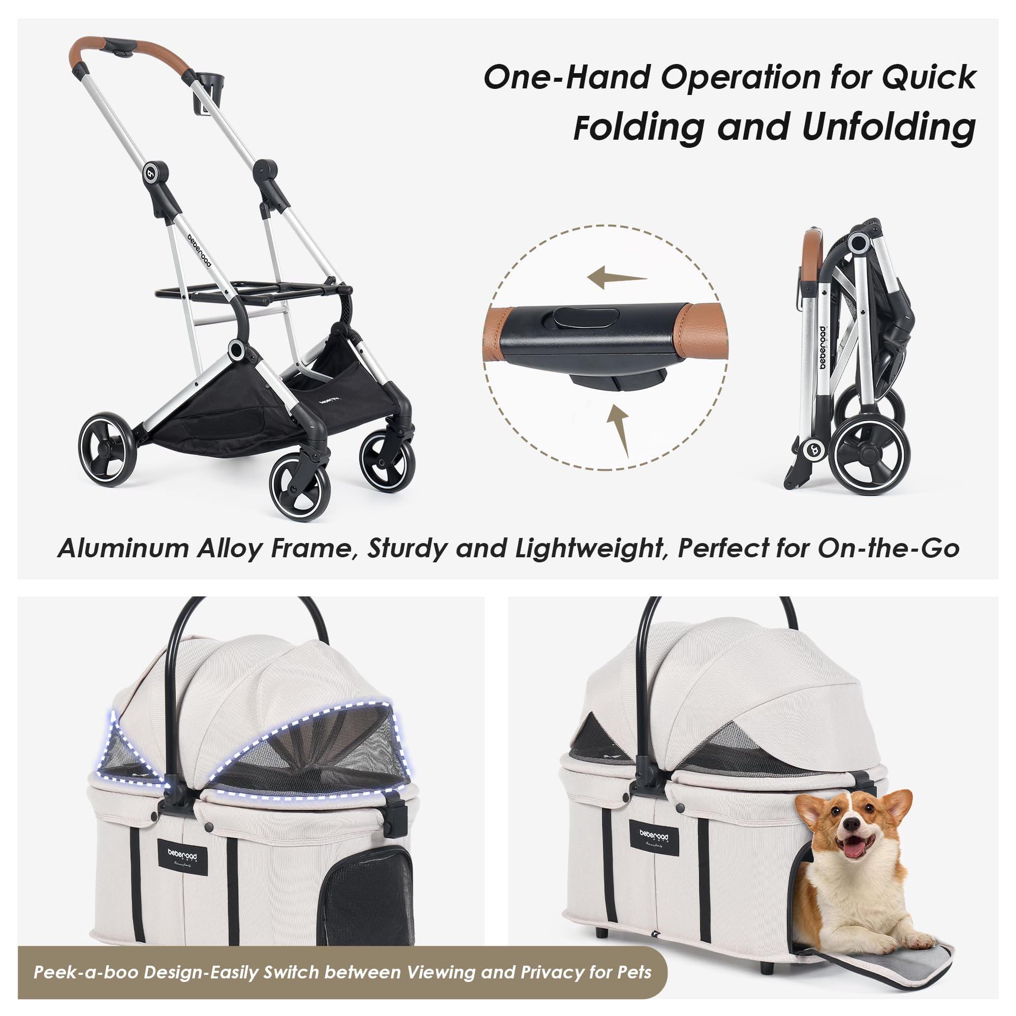 Beberoad Pets T3 Pro 3 In 1 Small Pet Stroller For Dog & Cats, 4 Wheels With Detachable Carrier With Pad, Canopy And Cup Holder,