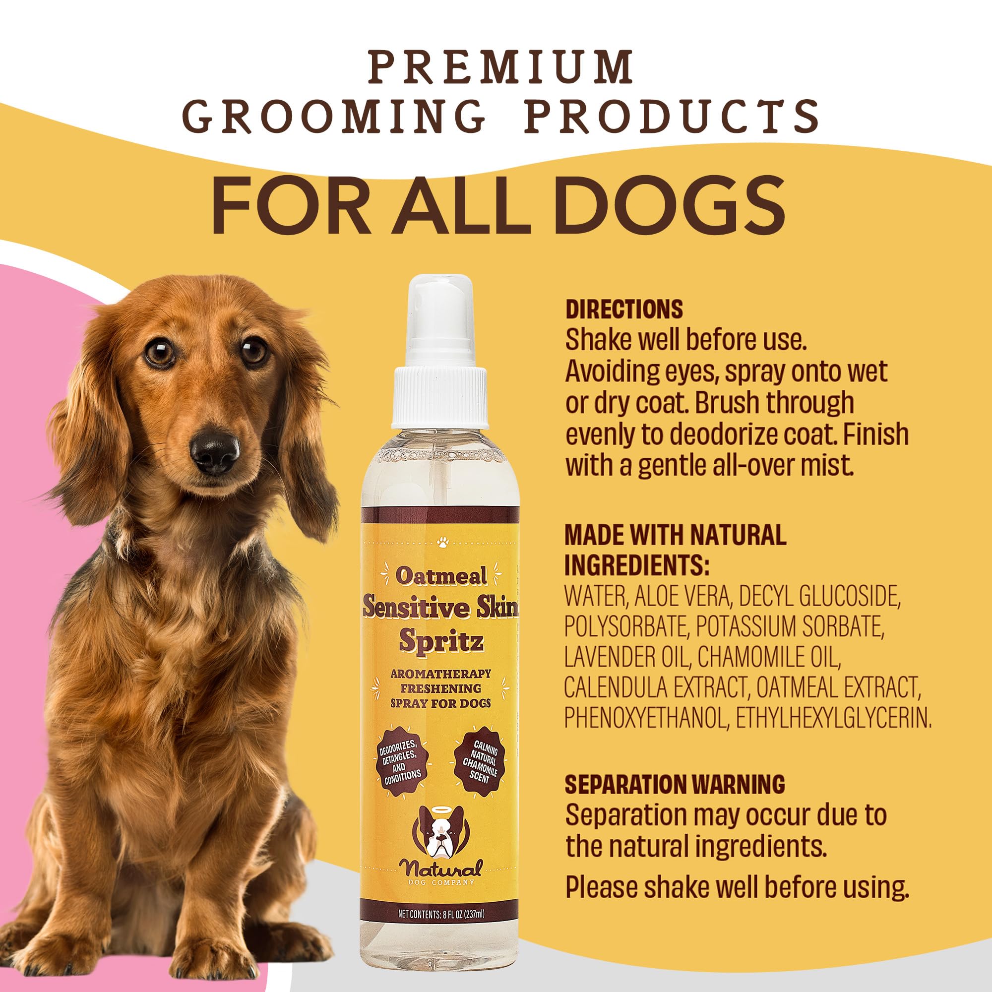 Natural Dog Company Sensitive Skin Dog Deodorizing Spray: Ideal With Sensitive Skin Dog Shampoo, Long Lasting Dog Perfume, Dog Spray Deodorizer, Neutral Scented Dog Spray With Hints Of Lavender, 8 Oz
