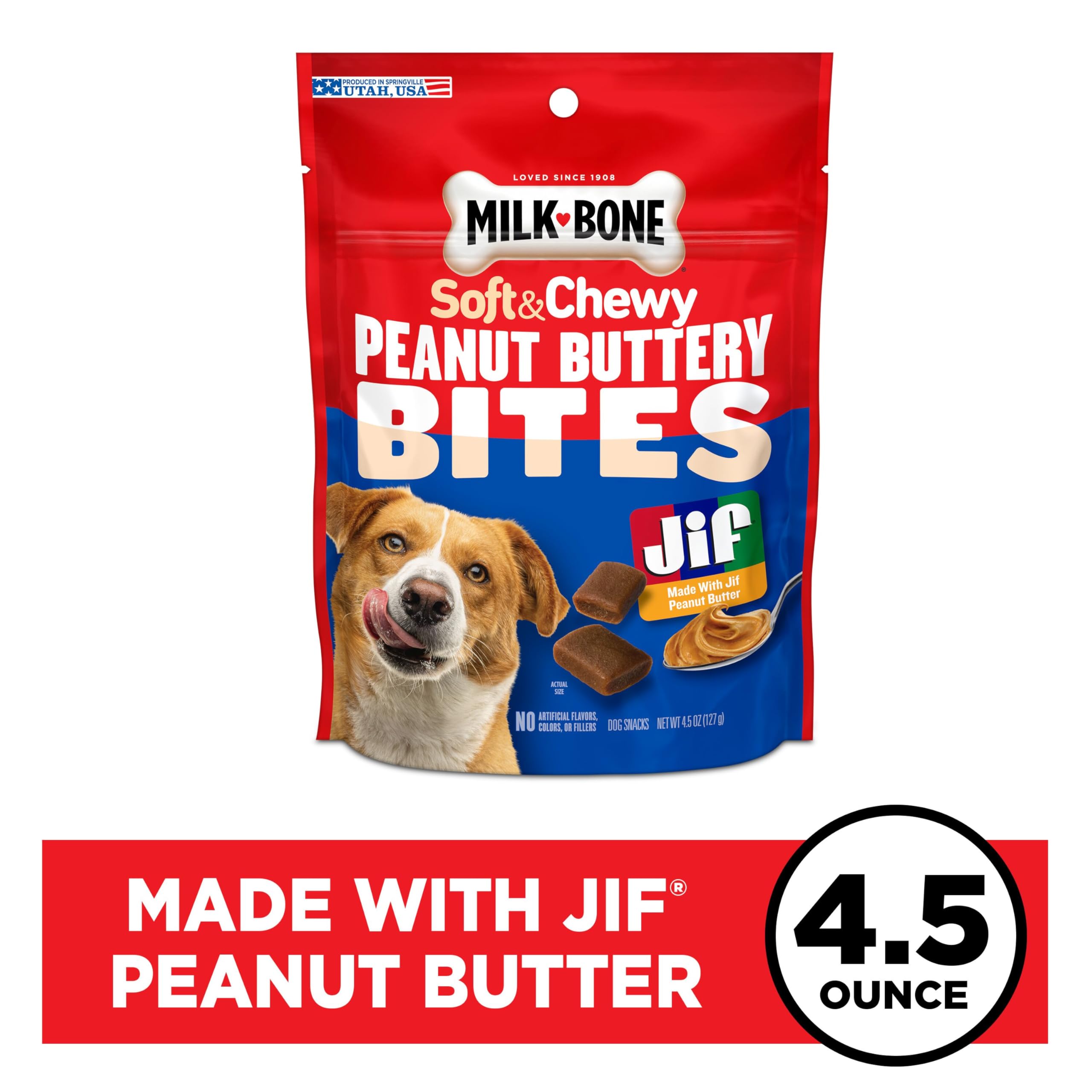 Milk-Bone Peanut Buttery Bites Soft Dog Treats with Jif Peanut Butter, 4.5-Oz. Bag