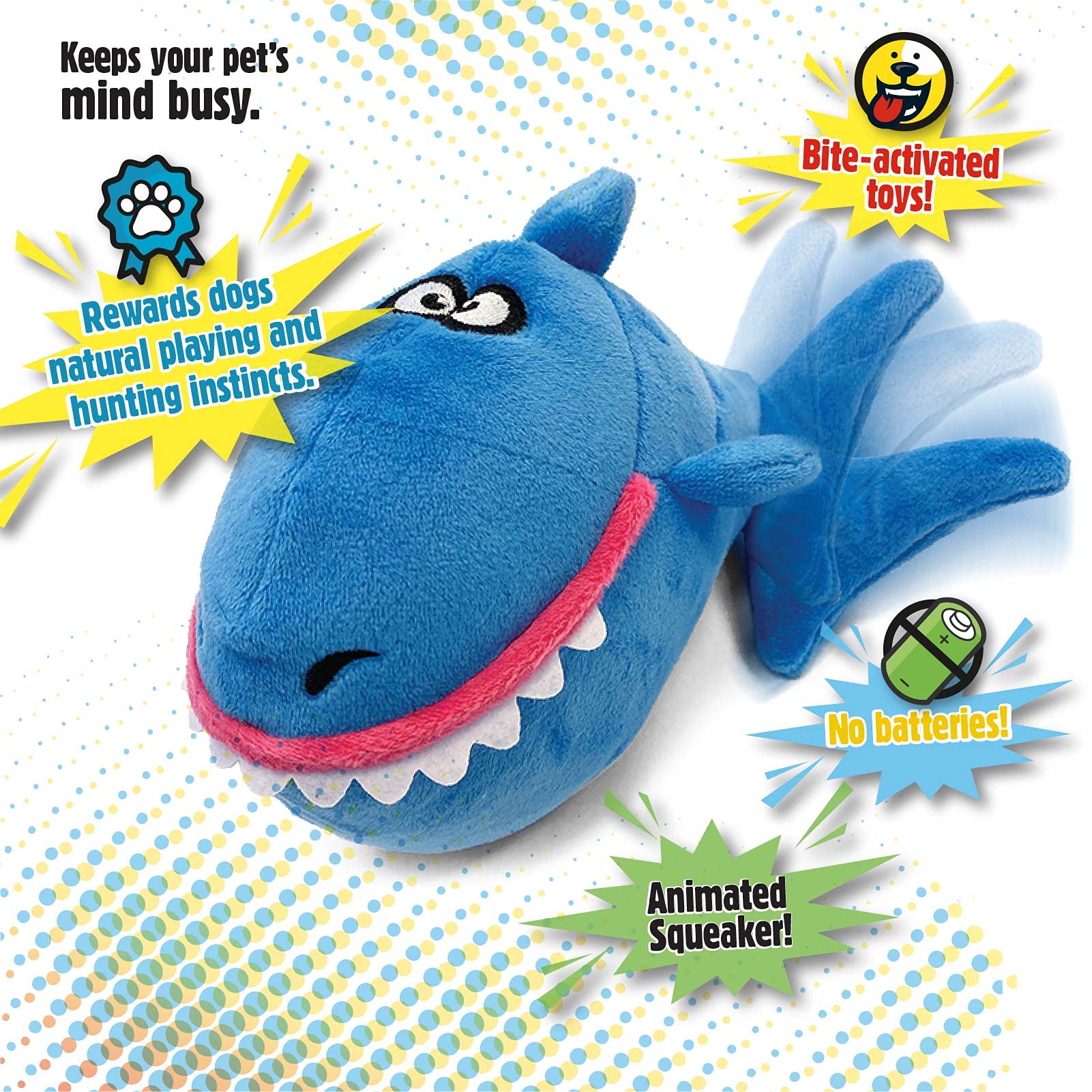 Godog Action Plush Shark Animated Squeaky Dog Toy, Chew Guard Technology - Blue, One Size