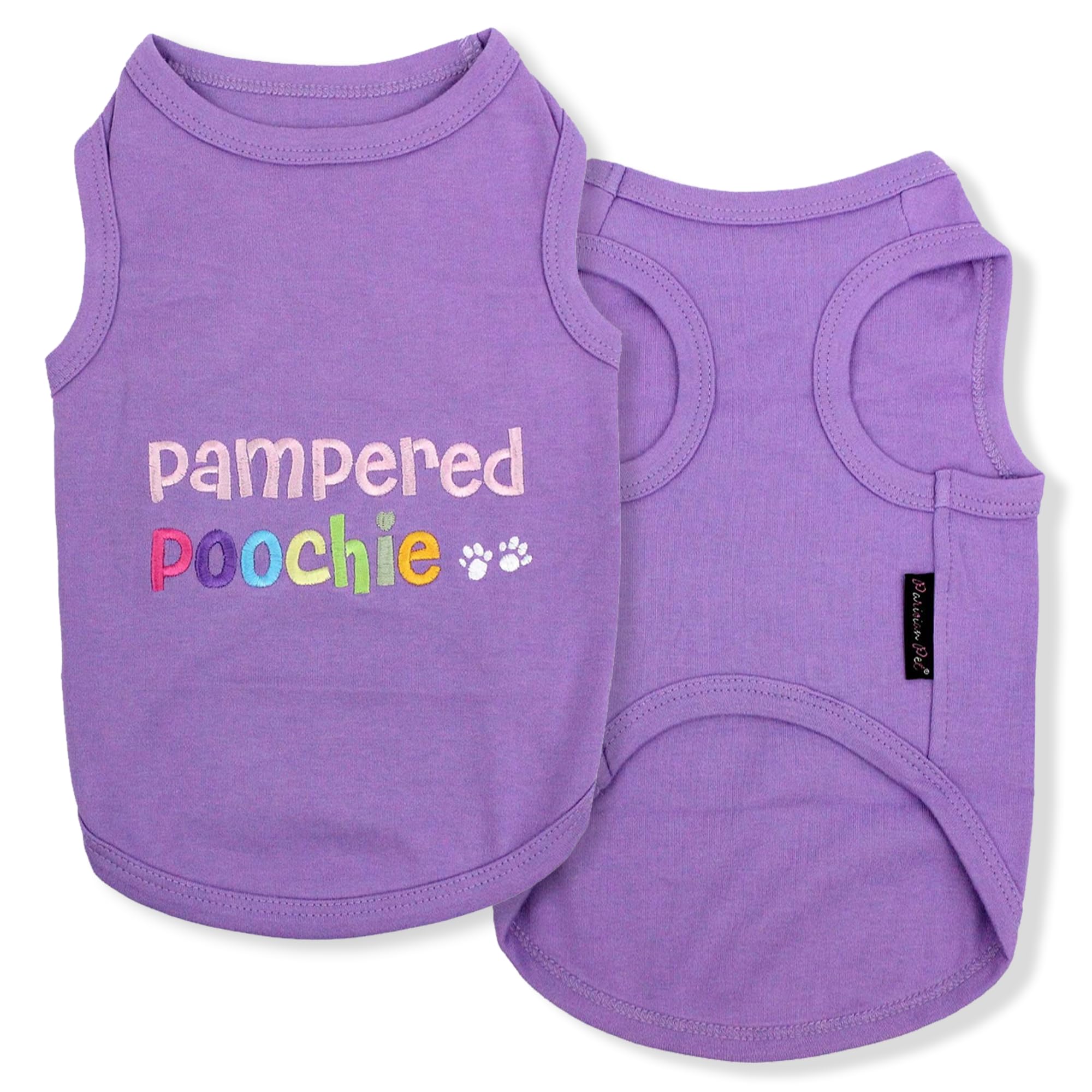 Parisian Pet Dog T-Shirt - Embroidered Pampered Poochie Dog Clothes - 100% Cotton, Breathable Tank Top - Sleeveless Pet Vest - M