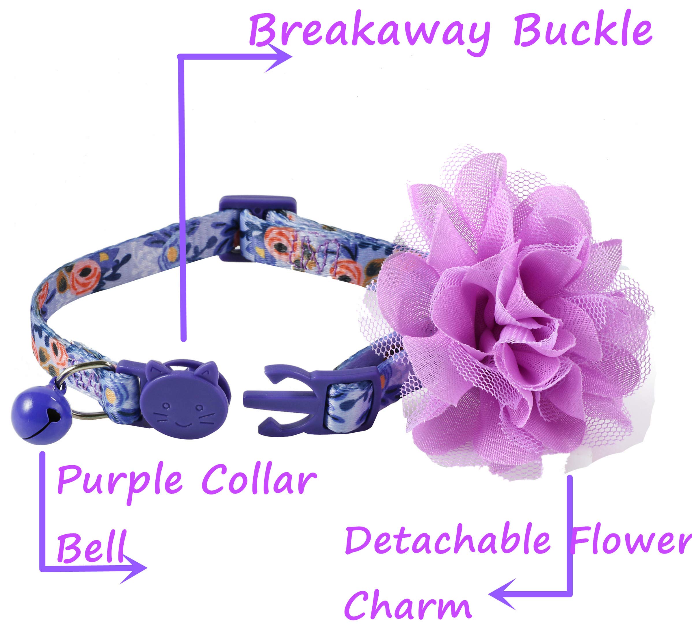 Boombone Floral Cat Collar With Removable Purple Flower Charm,Breakaway Small Dog Collar With Bell