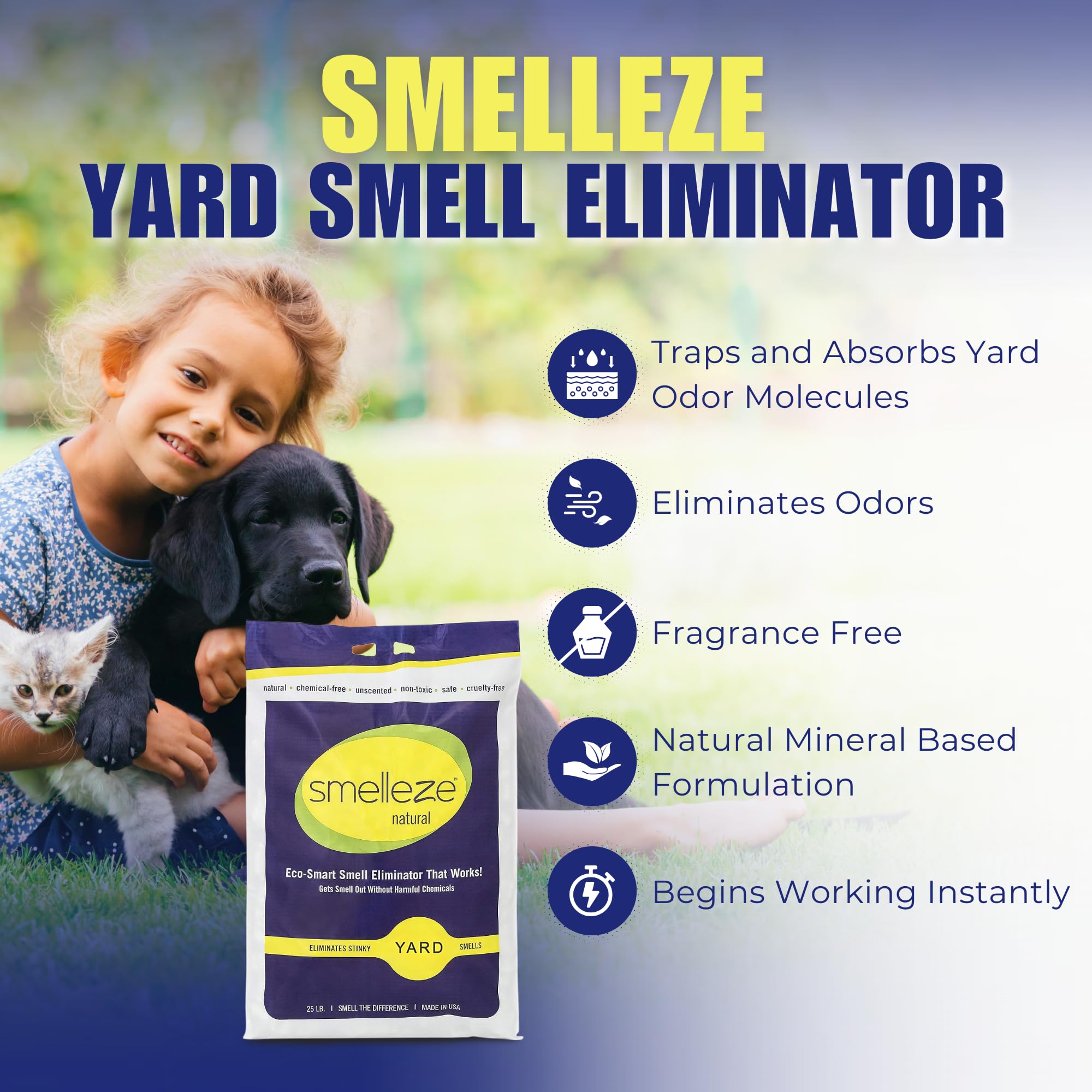 Smelleze Yard Smell Removal Deodorizer: 25 Lb. Granules Eliminate Outdoor Pet Urine & Stool Odor, Long Lasting, People, Pet, Pla