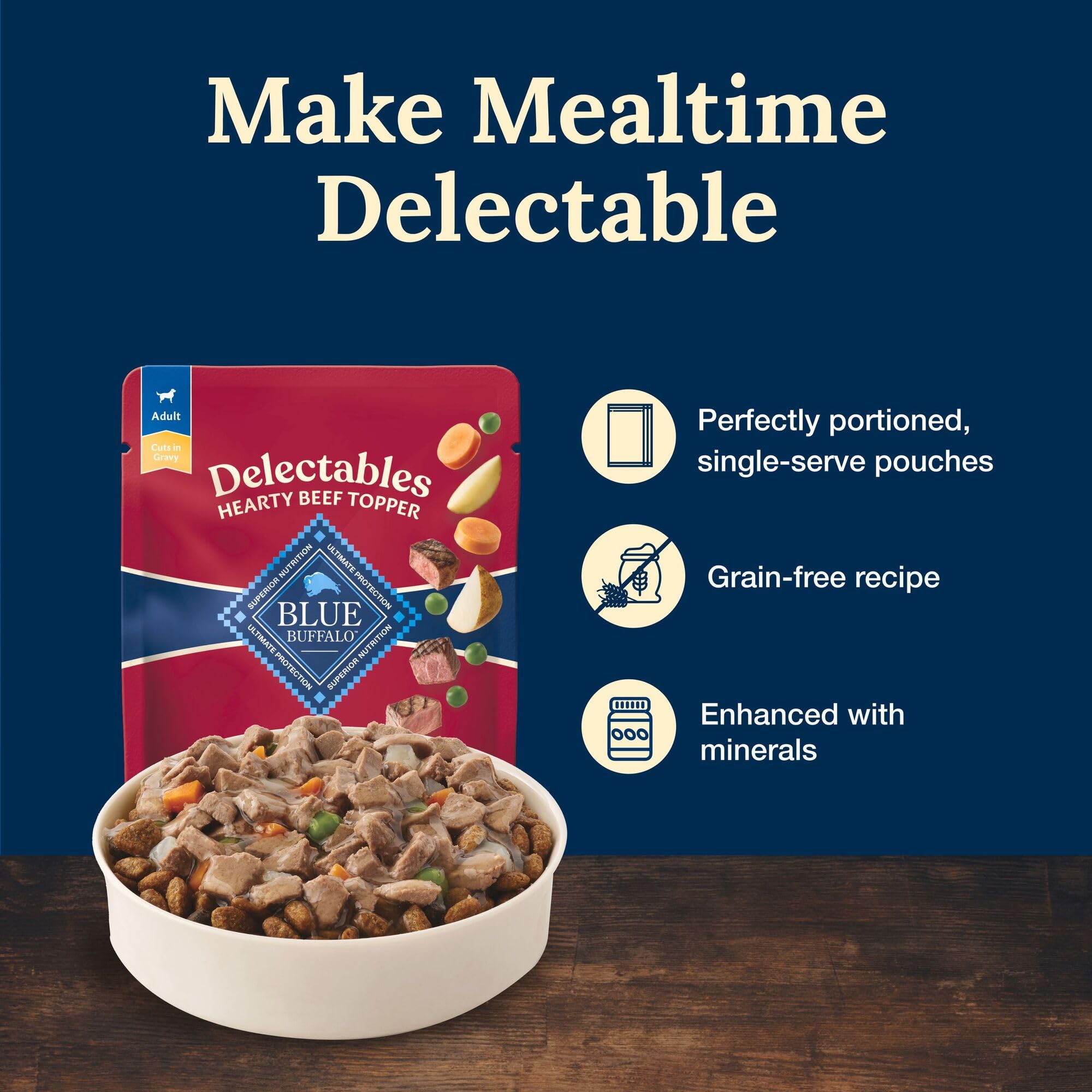 Blue Buffalo Delectables Natural Wet Dog Food Toppers, Hearty Beef Cuts in Gravy, 3-oz (24 Pouches)