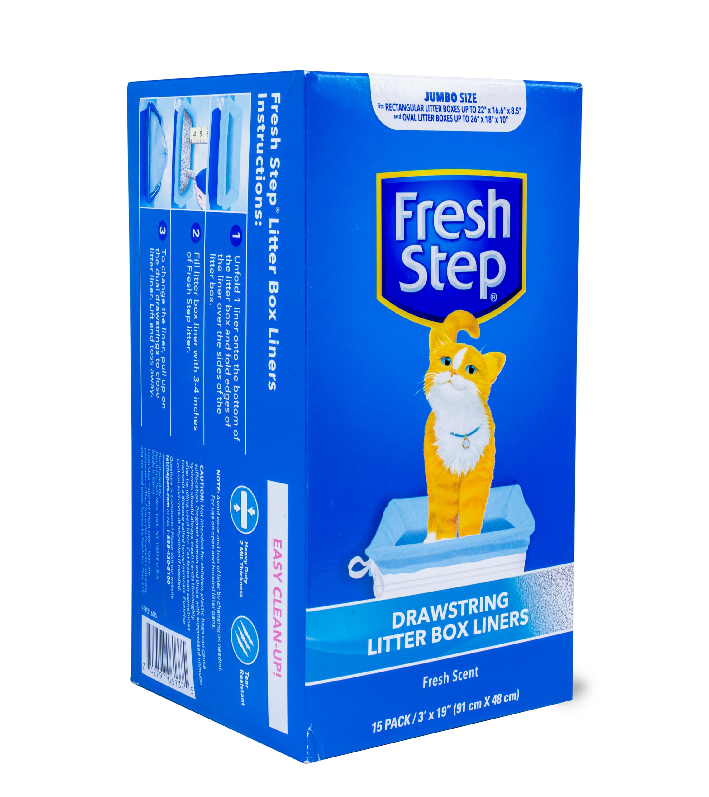 Fresh Step Drawstring Cat Litter Box Liners, Fresh Scent, Size Jumbo, 36' X 19' | Kitty Litter Bags - Cat Litter Liners For Rectangle Or Oval Large Litterboxes, 15 Count - 12 Pack