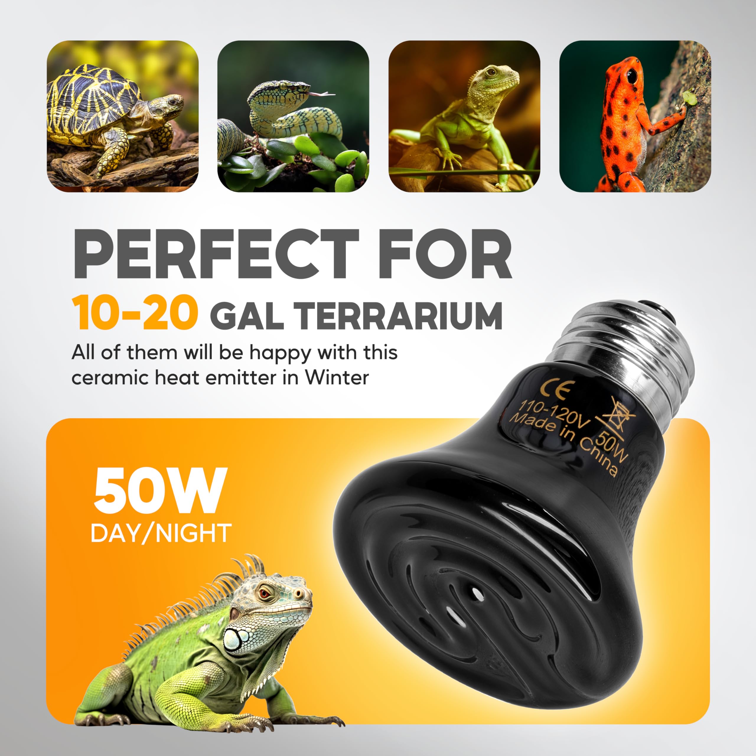 HealSmart 50W Mini Reptile Heat Lamp Ceramic Heat Emitter, No Light Emitting Heat Bulbs, Suitable for Snake/Lizard/Spider, Plant