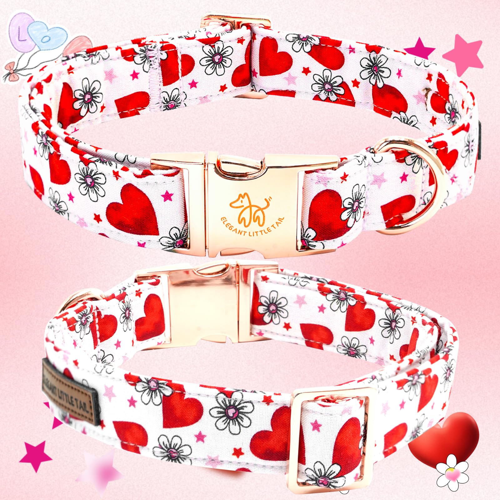 Elegant little tail Valentine's Dog Collar, Cute Pink Heart Dog Collar Soft Dog Collar Puppy Collar Female or Male Adjustable Co