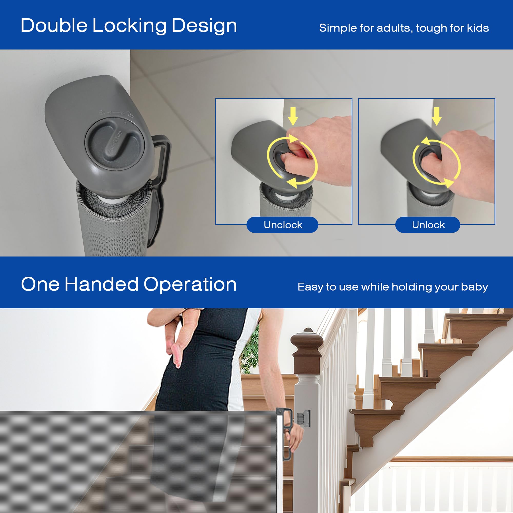 157 Extra Wide Retractable Baby Gates, Mesh Pets Dog Gates with Support Rods for Indoor Stair, Extra Long Retractable Safety Kid