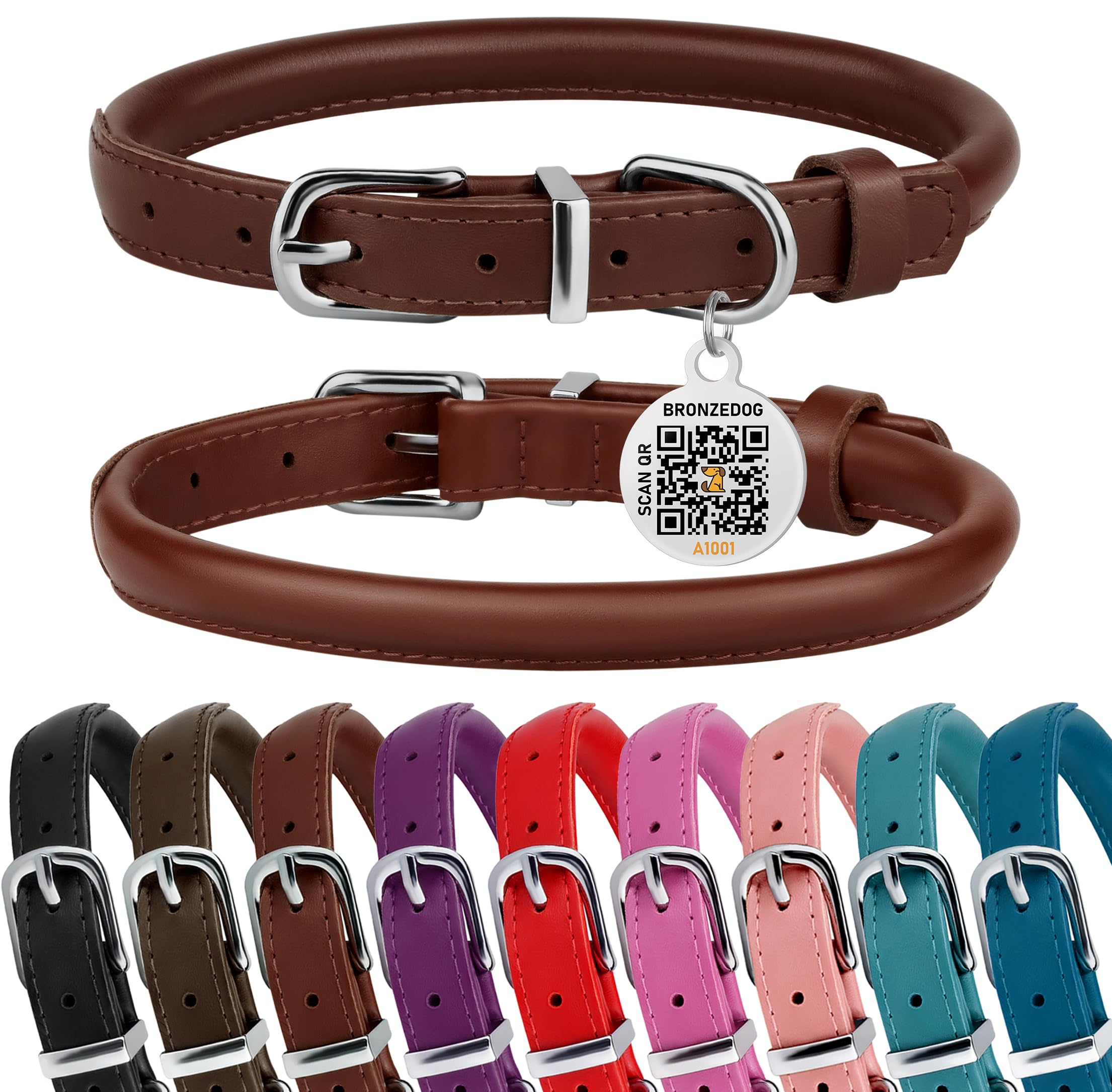 Bronzedog Rolled Leather Dog Collar For Small Medium Large Dogs With Qr Id Tag (L: 16-18 Inch, Chocolate Brown)