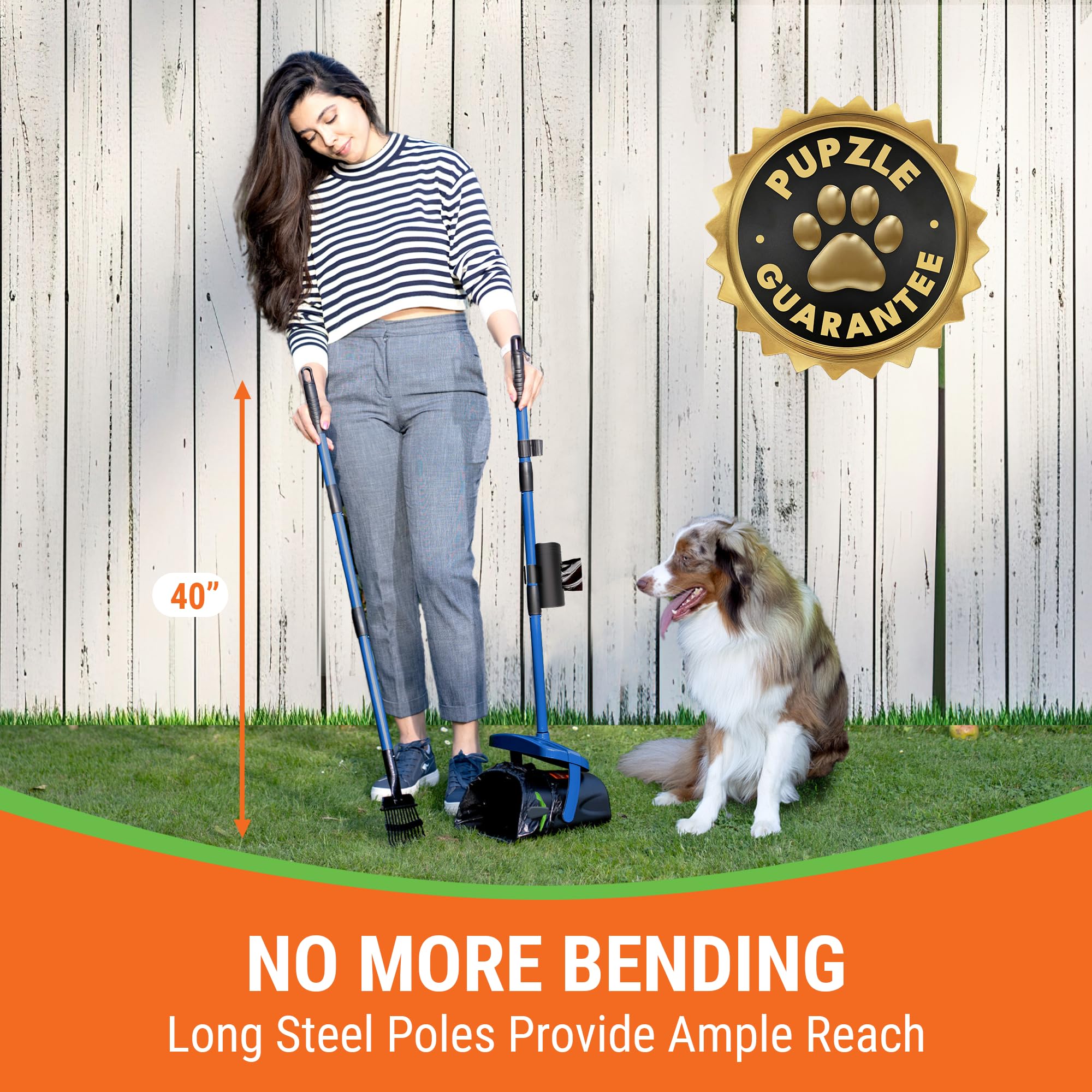 Pupzle Dog Pooper Scooper with Bag Attachment, 40 Long Handle Pooper Scooper for Large Dogs, Dog Poop Scoop for Yard, Large Capa