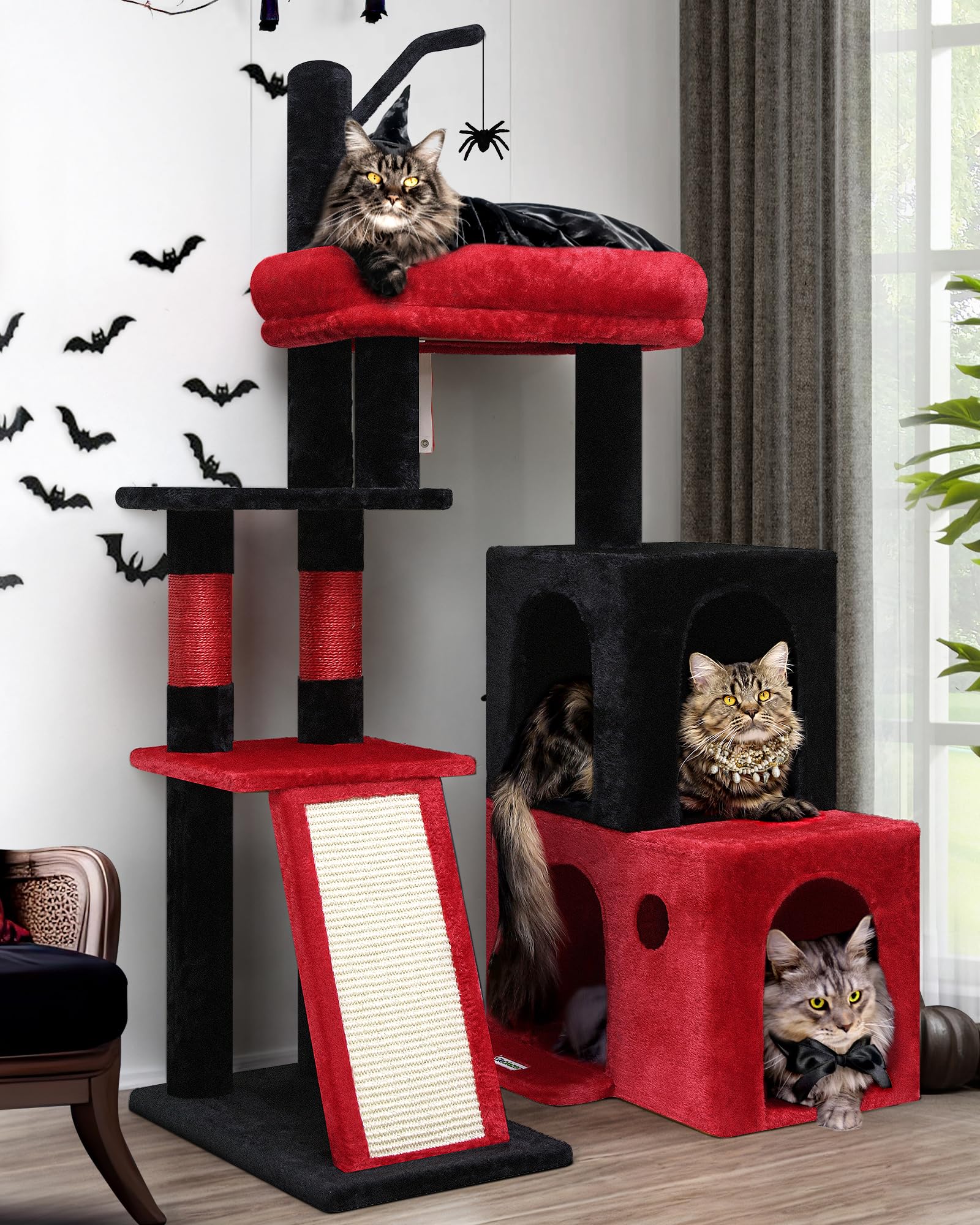 Globlazer F50 Gothic Cat Tower for Indoor Cats, 50-inch Heavy Duty Goth Cat Tree for Big Cats, Maine Coon Cat Tree with Extra-La