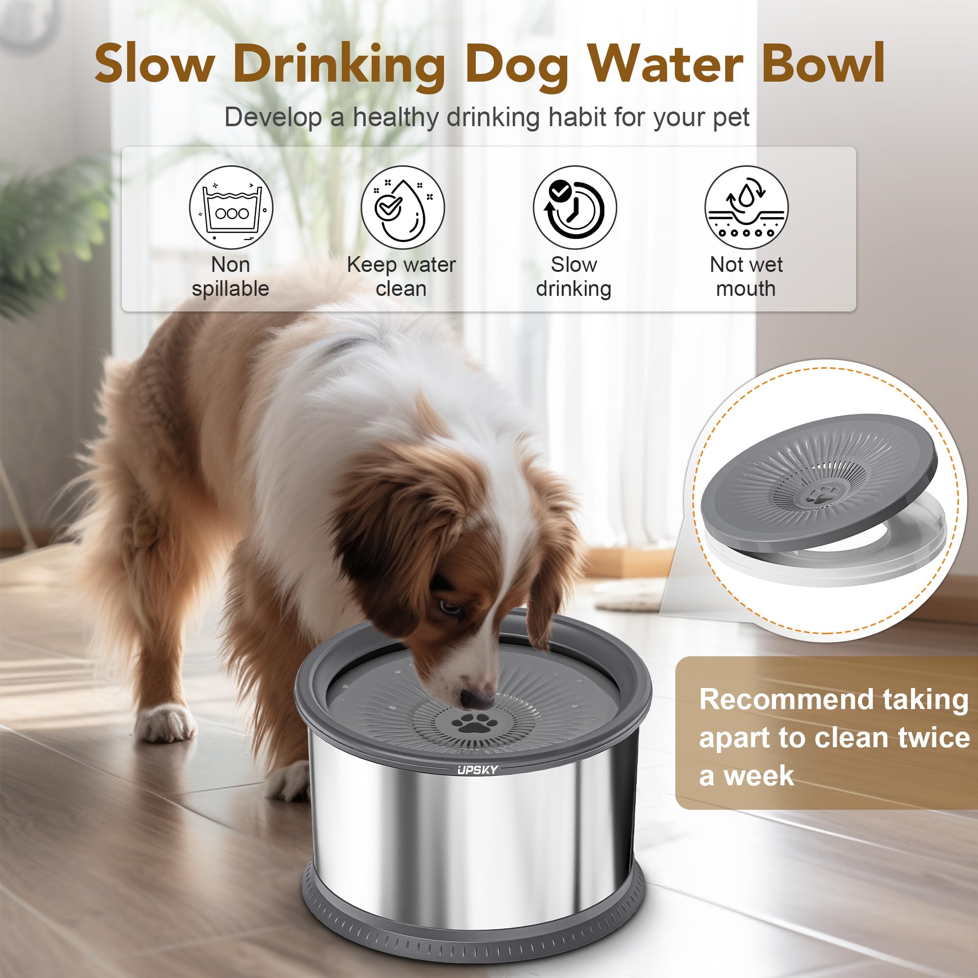 Upsky 6.5L Dog Water Bowl,1.6 Gallon Super Large Capacity No Spill Dog Water Bowl,Stainless Steel Spill Proof Slow Water Feeder,