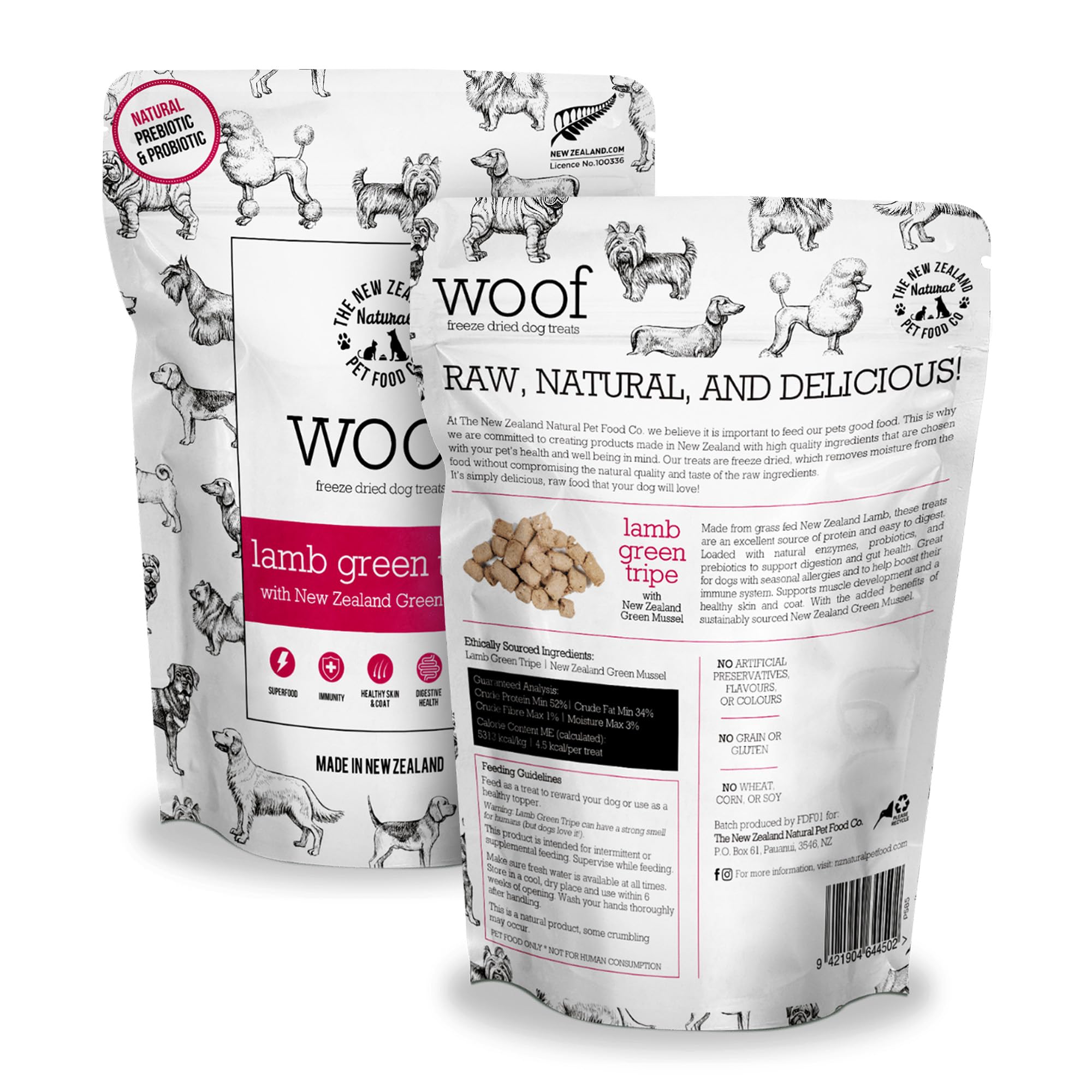 The New Zealand Natural Pet Food Co WOOF Freeze Dried Dog Treats - Lamb Green Tripe, High Protein, Large & Small Dog, Topper or