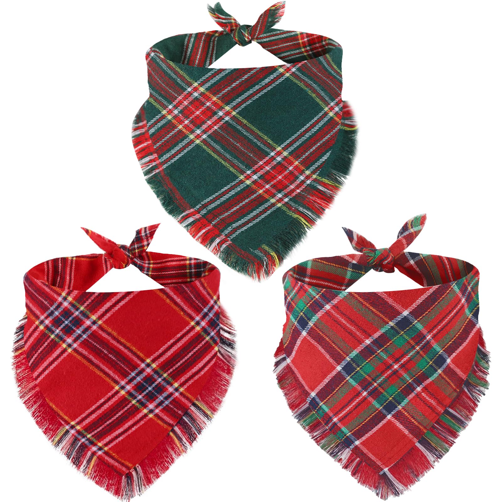 3 Pack Christmas Dog Bandanas With Tassels Edges Red Green Plaid Dog Christmas Bandana Scarf Bib Classic Triangle For Dogs Holid