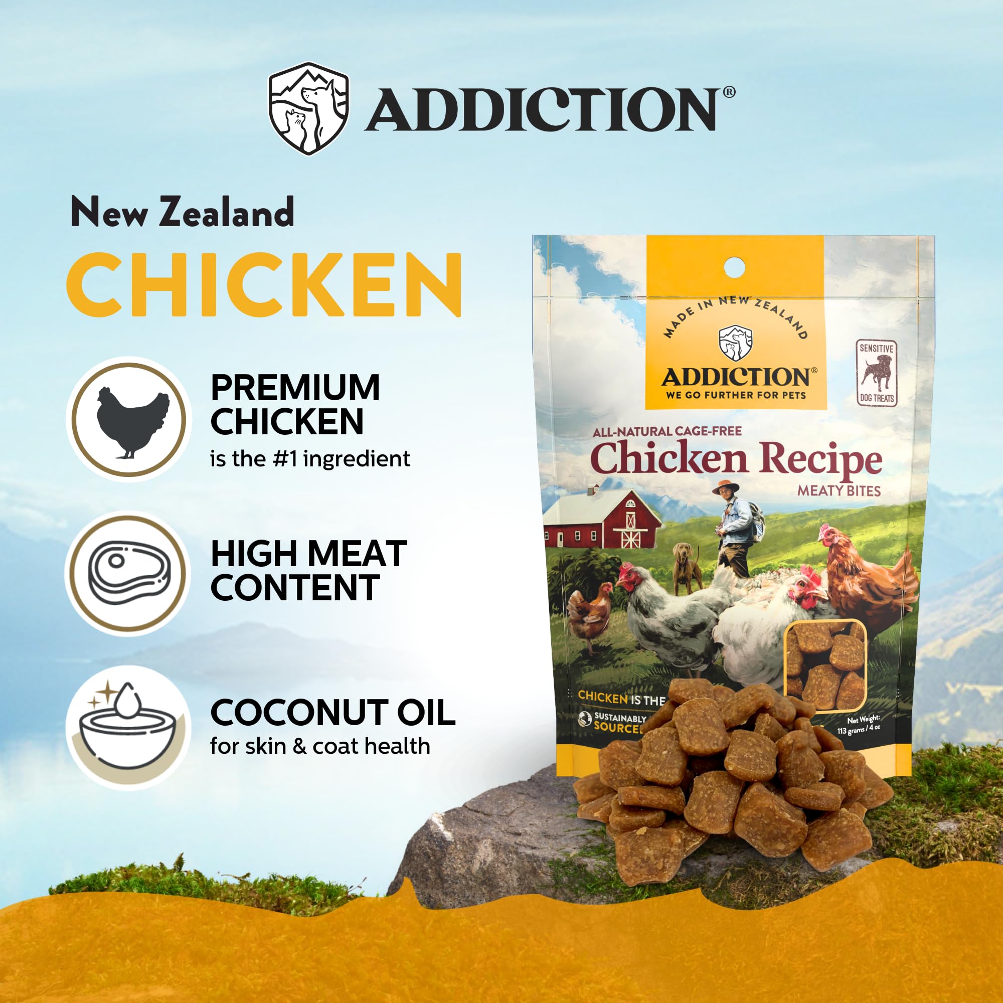 Addiction Meaty Bites Chicken Recipe - Dog Treats - Crafted in New Zealand - High Meat Content - Grain and Gluten-Free - Soft an