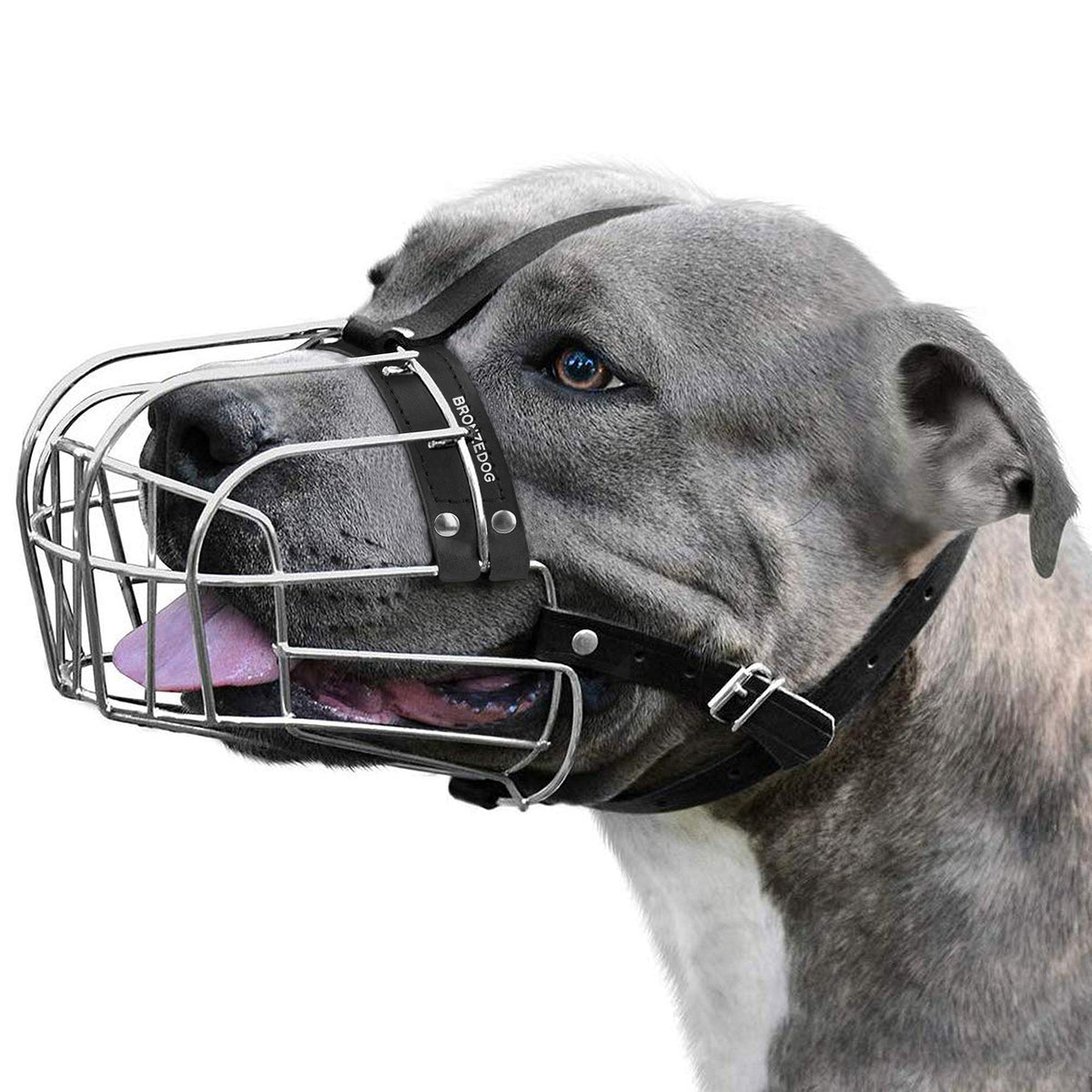 Bronzedog Dog Muzzle Pitbull Metal Mask Amstaff Wire Basket Pit Bull Adjustable Leather Straps For Large Dogs