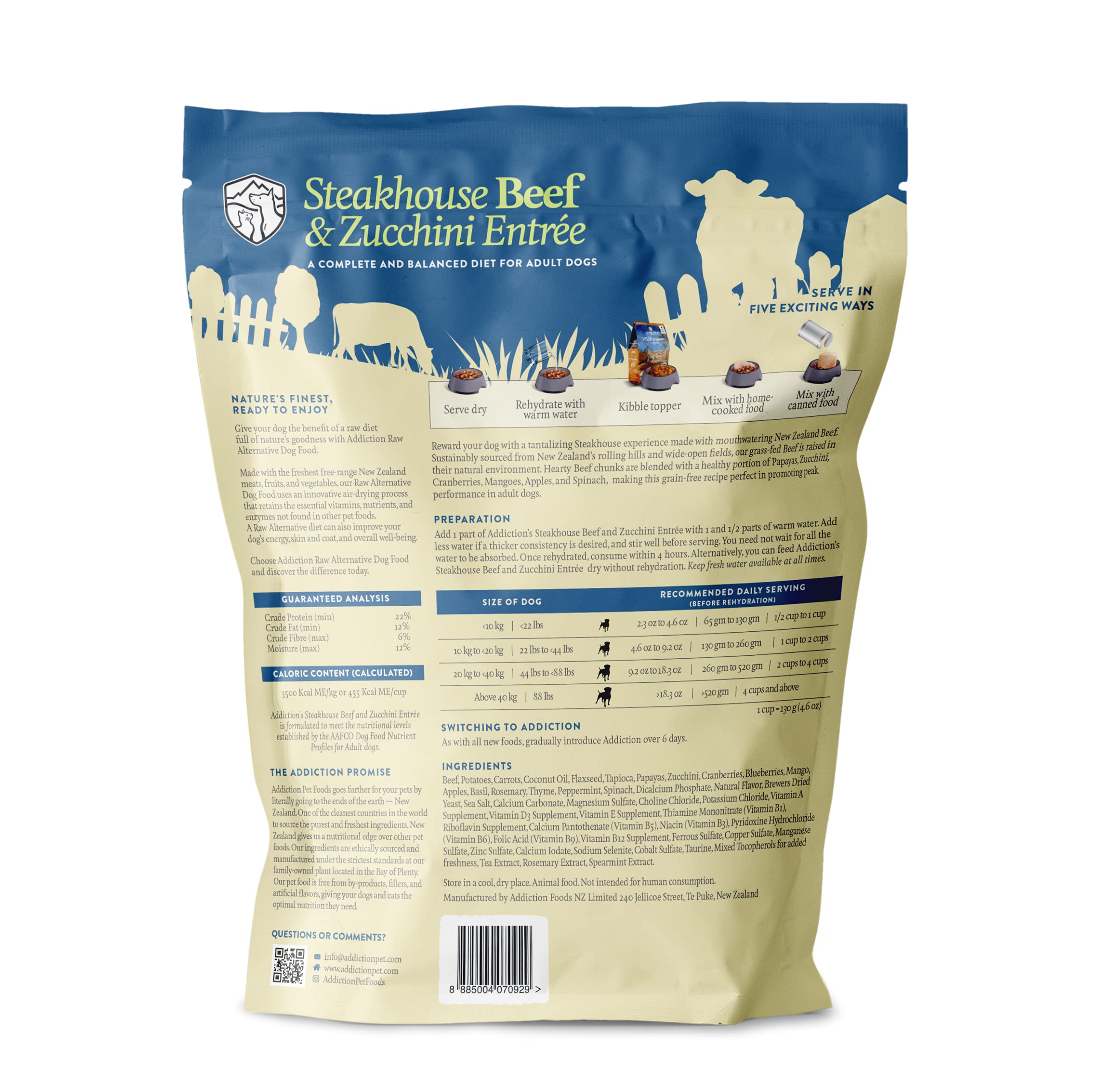 Addiction Steakhouse Beef & Zucchini Air-Dried Grain-Free Dog Food - Complete Meal or Topper with Natural Ingredients for Digest