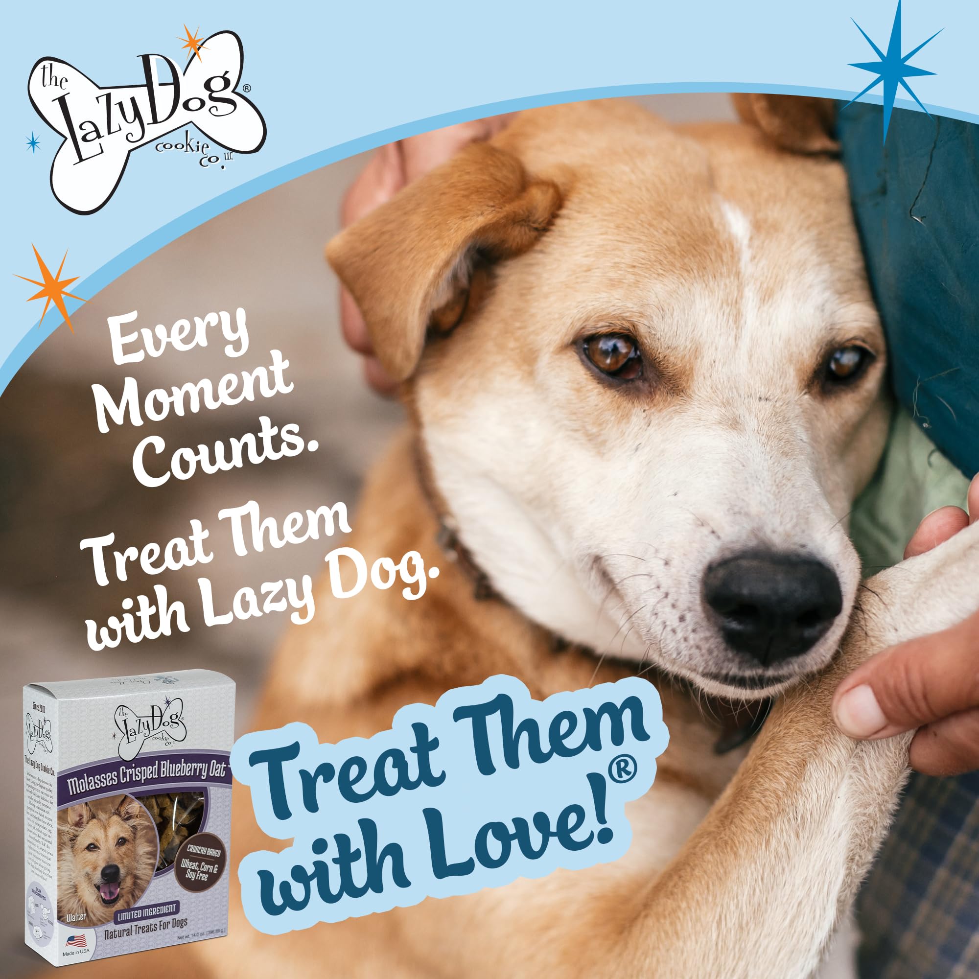 The Lazy Dog Cookie Co. Crunchy Dog Treat, Molasses Crisped Blueberry Oat, Cookies for Small, Medium and Large Dogs, Wheat-Free,