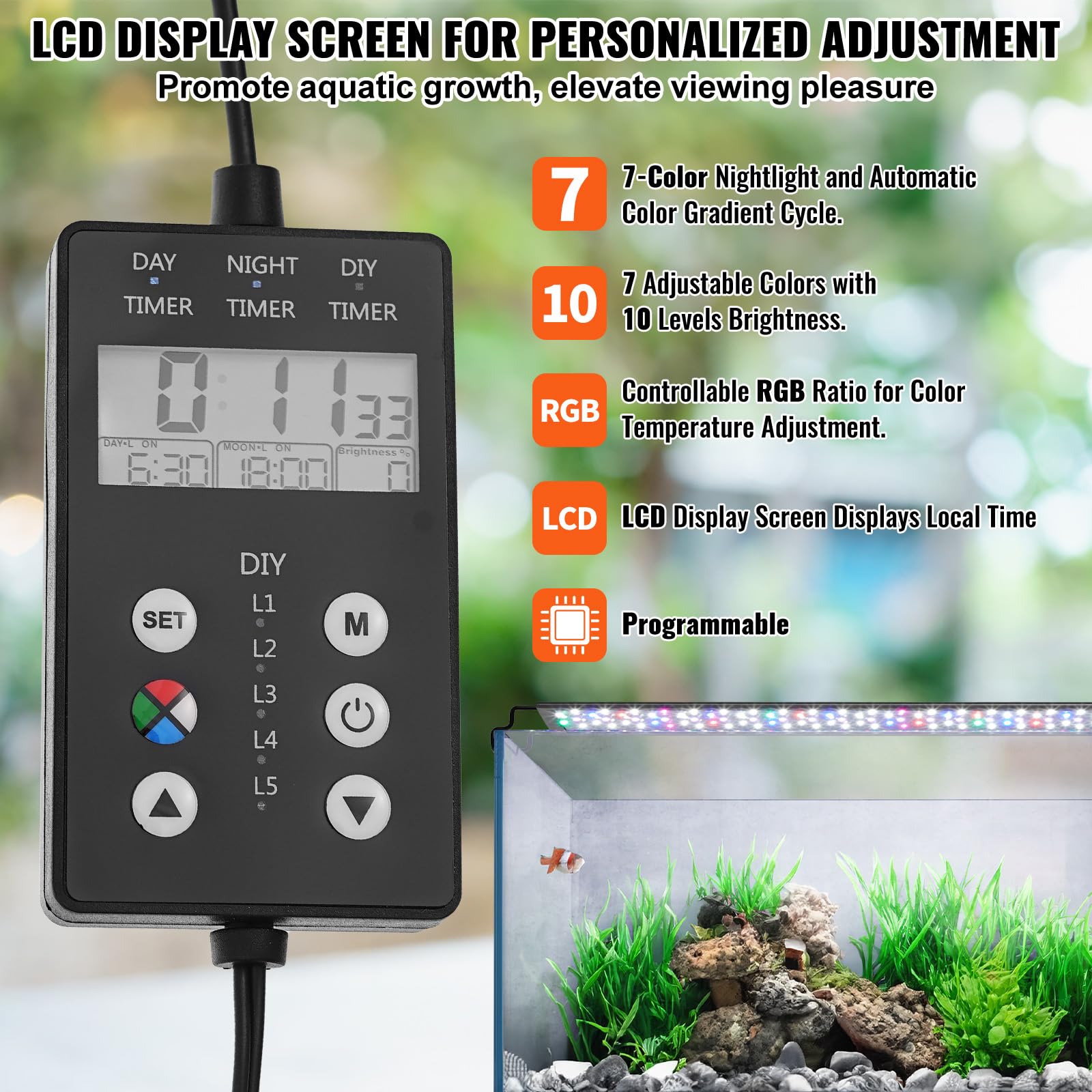 Vevor Aquarium Light With Lcd Monitor, 22W Full Spectrum Fish Tank Light With 24/7 Natural Mode, Adjustable Brightness & Timer -