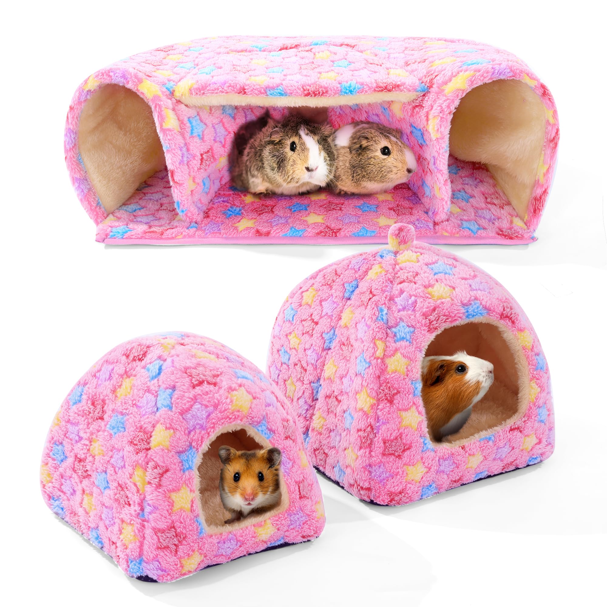 Mabozoo 3 Pack Guinea Pig House Accessories, 2 Cozy Guinea Pig Bed And Hideout Tunnel, Chinchillas Hideout For Hamster, Rabbit, 