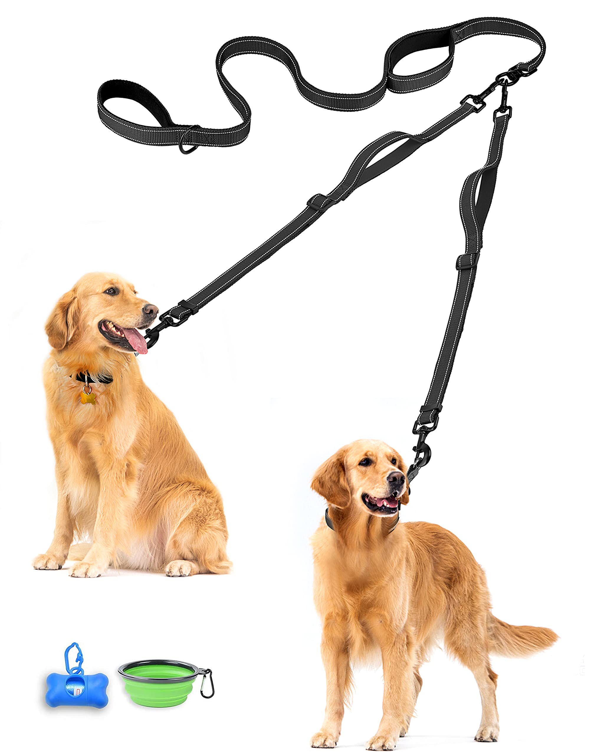 Petbonus Double Dog Leash, No Tangle Dual Leash, Reflective Walking Training Lead, 4 Comfortable Padded Handles For 2 Dogs With