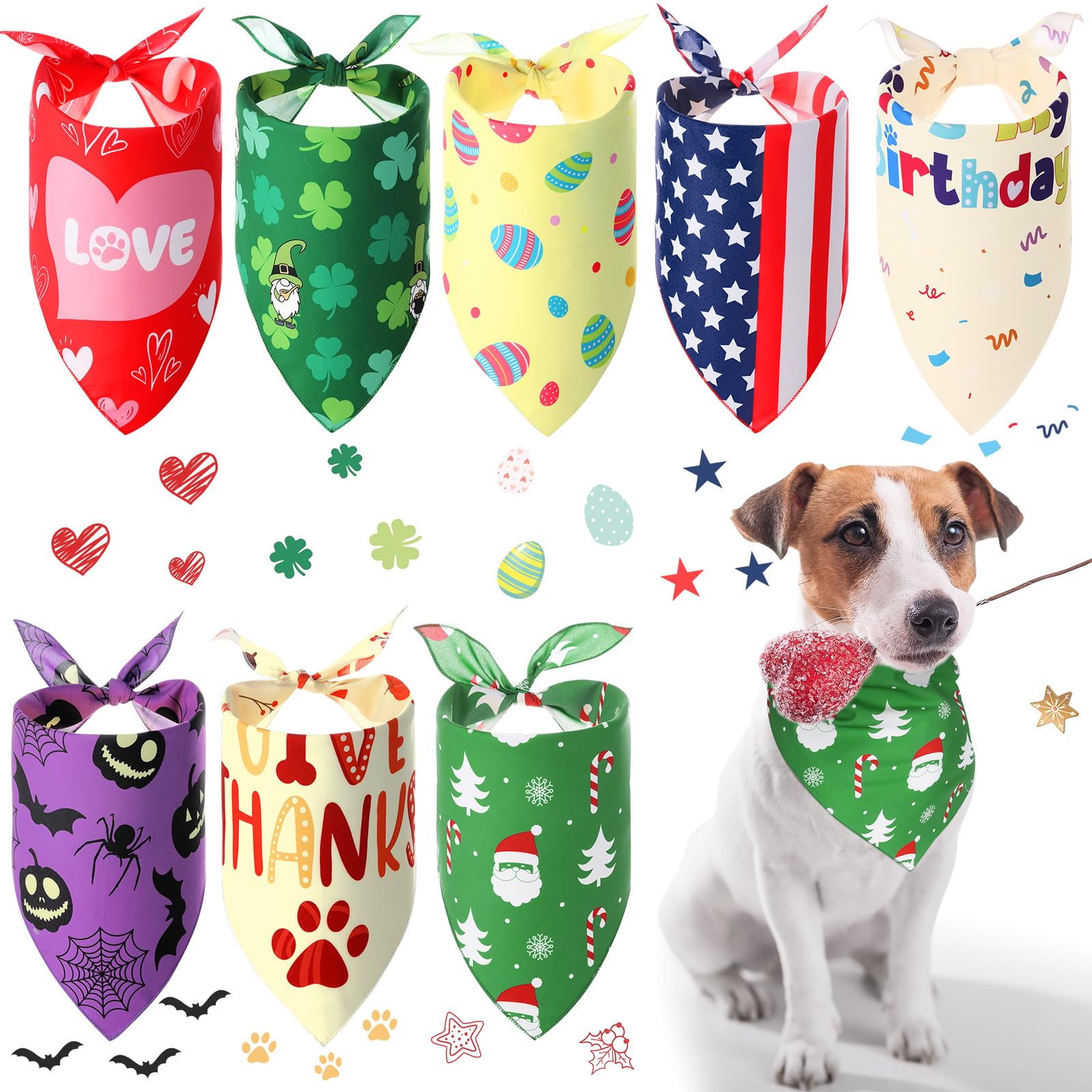 Saintrygo 8 Packs Holiday Dog Bandanas Birthday Fall Halloween Thanksgiving Christmas Scarf Adjustable Pet Scarf Pet Bandana for