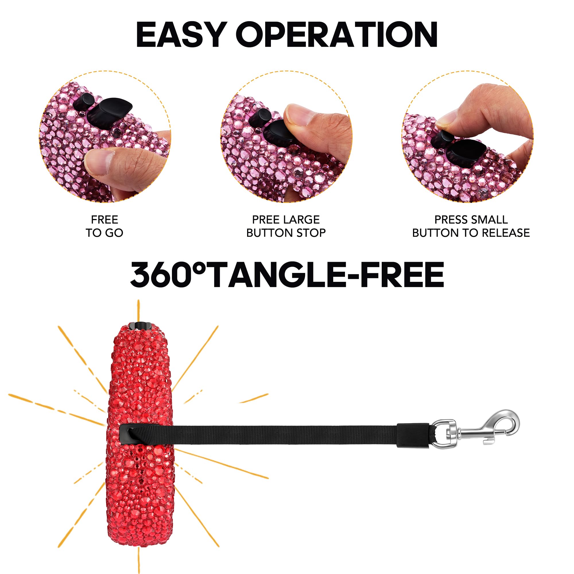 Sparkling Retractable Dog Leash,Rhinestone Pet Walking Leash For Small Dog Cat,Red Bling Small Puppy Leash,Durable 16 Ft Strong