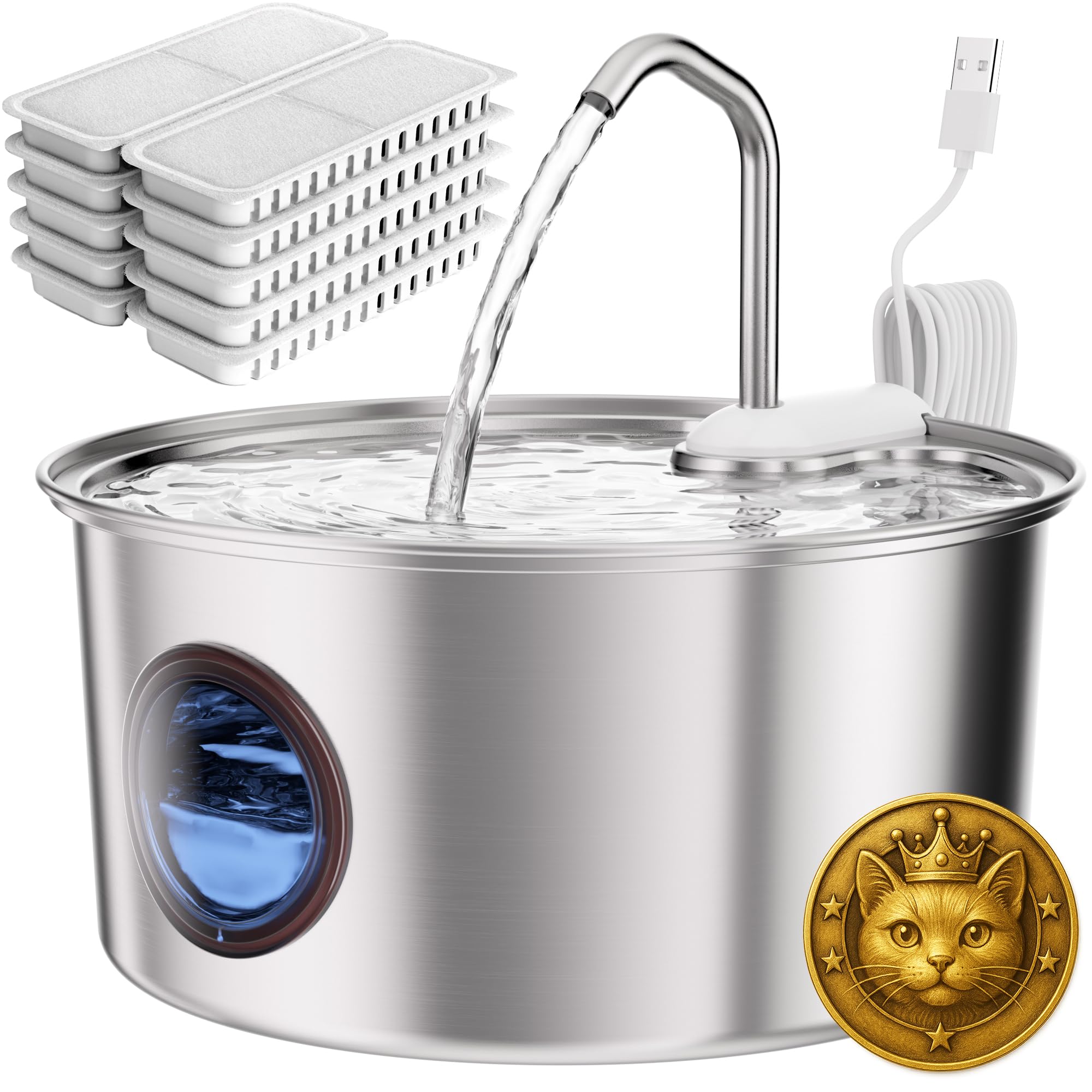 Cat Water Fountain Stainless Steel - 108oz/3.2L Automatic Cat Water Fountain for Drinking with 10PCS Filters, Metal Pet Water Fo