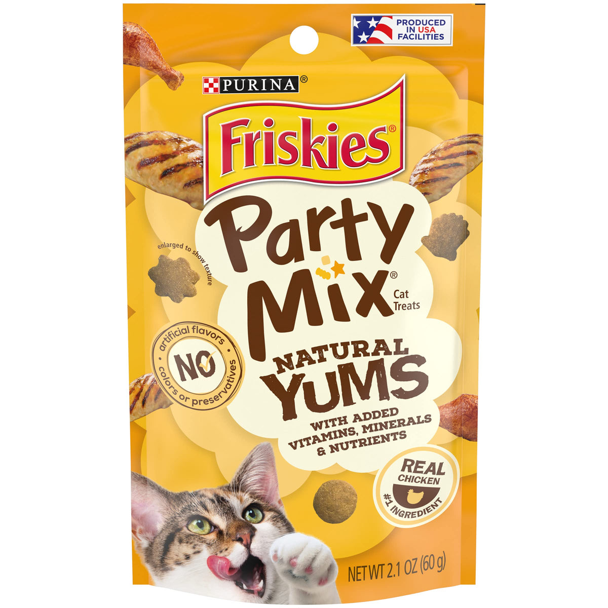 Purina Friskies Natural Cat Treats, Party Mix Natural Yums With Real Chicken & Vitamins, Minerals & Nutrients - (10) 2.1 Oz. Pouches