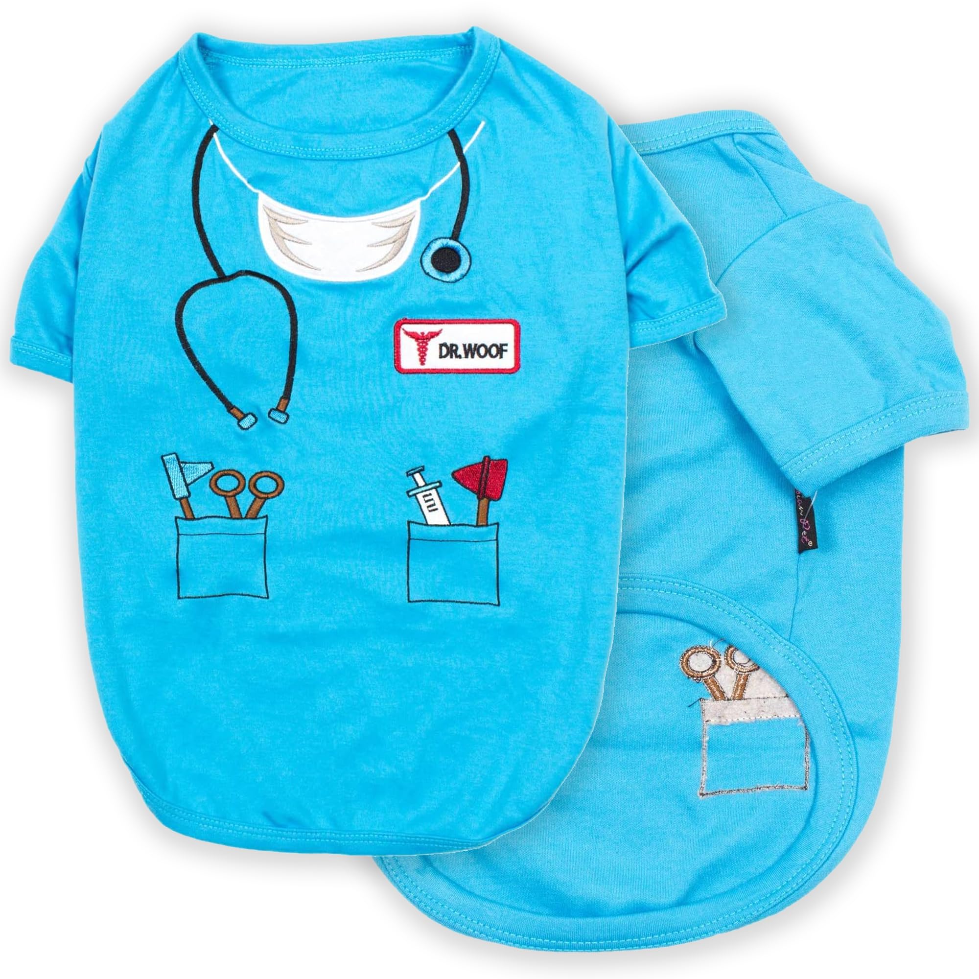 Parisian Pet Doctor Woof Dog Shirt - Embroidered Dog Pirate Costume - 100% Cotton & Polyester Doctor Outfit For Dog - Sleeved Dog Clothes - Blue Dog Shirts For Medium-Sized Dogs - Pet Costumes - M