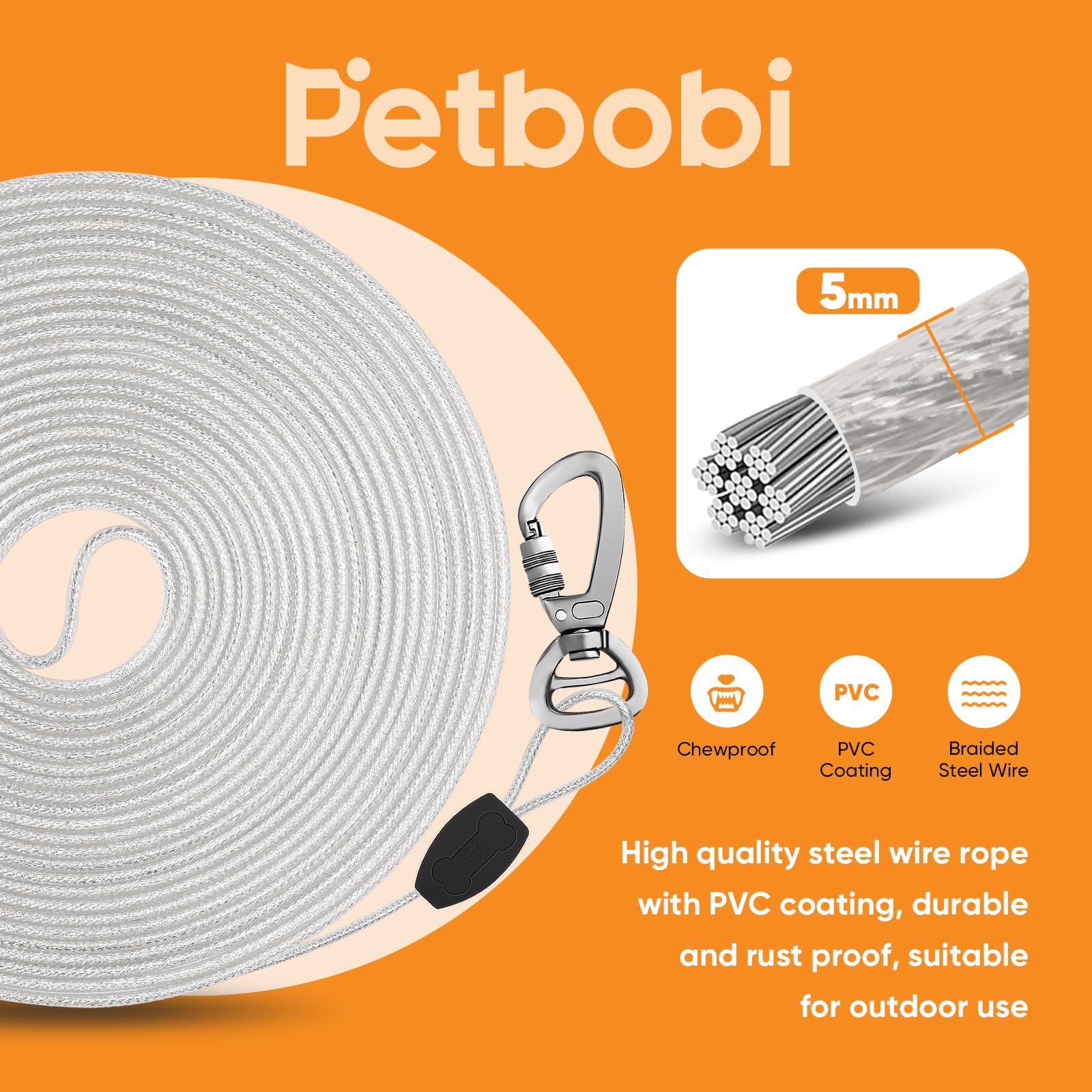 Petbobi Dog Tie-Out Cable up to 250lbs - 30ft Heavy Duty Pet Tether for Yard Camping, 5mm Steel Wire Cables for Outdoor, Chain L