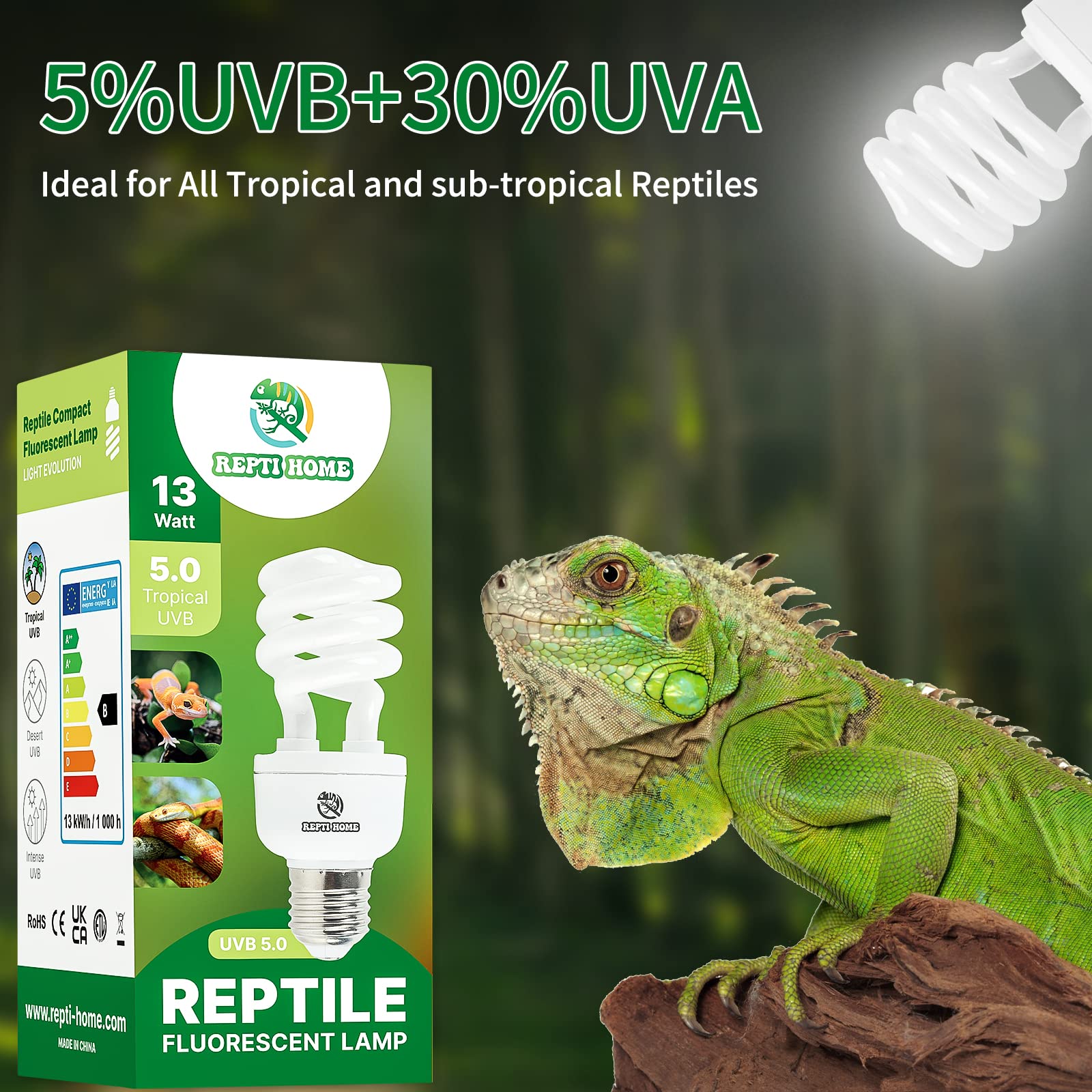 Repti Home Uvb Reptile Light 5.0, 13W Tropical And Sub-Tropical Uva Uvb Bulb For Reptiles, Tropical Terrarium Compact Fluorescen