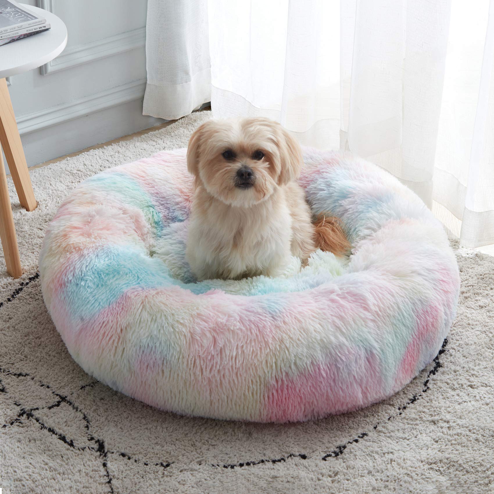 Calming Dog Bed & Cat Bed, Anti-Anxiety Donut Dog Cuddler Bed, Warming Cozy Soft Dog Round Bed, Fluffy Faux Fur Plush Dog Cat Cu