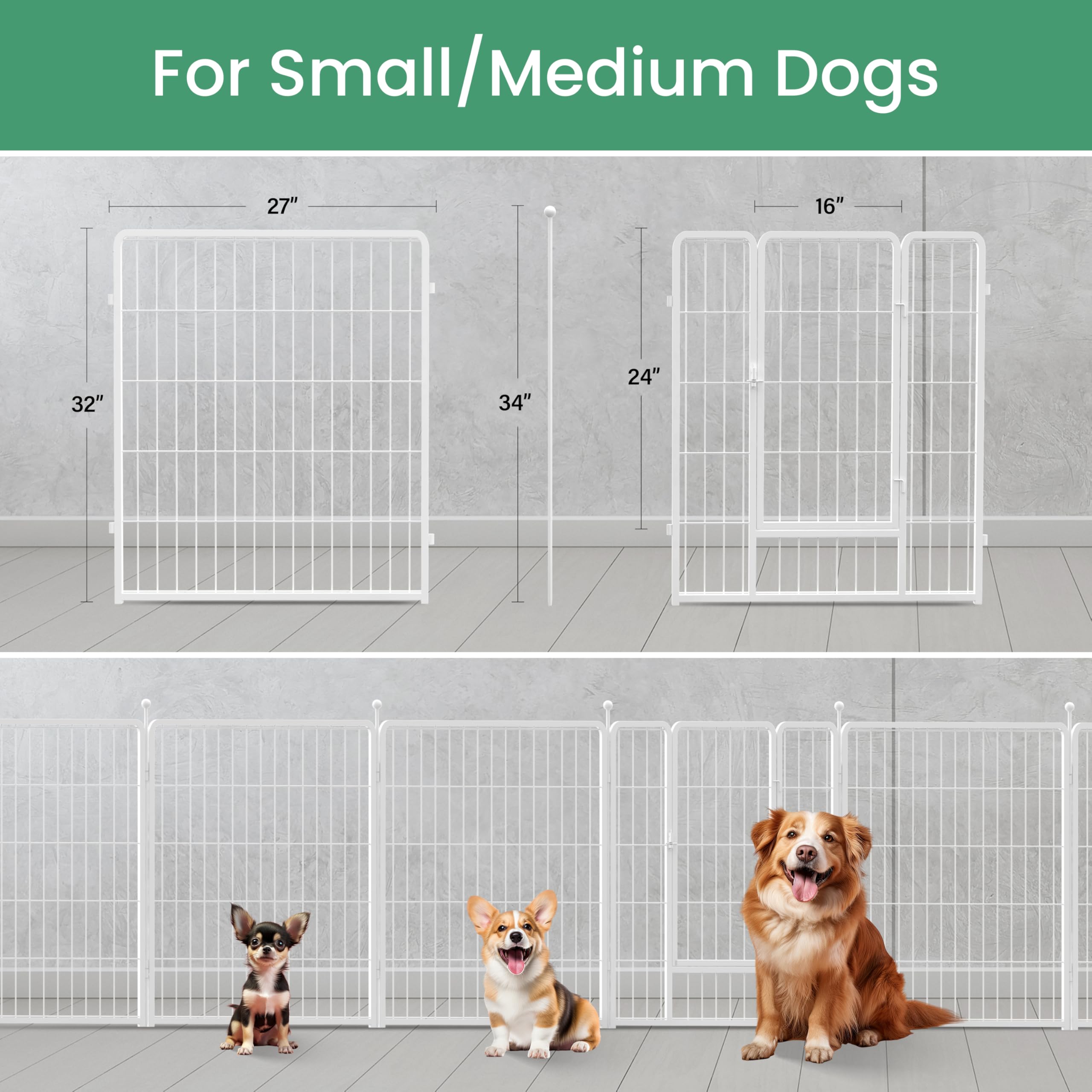 Simple Deluxe Dog Playpen - 32" Height, 8 Panels, Metal, Portable, Foldable, Anti-Rust, White for Small/Medium Dogs