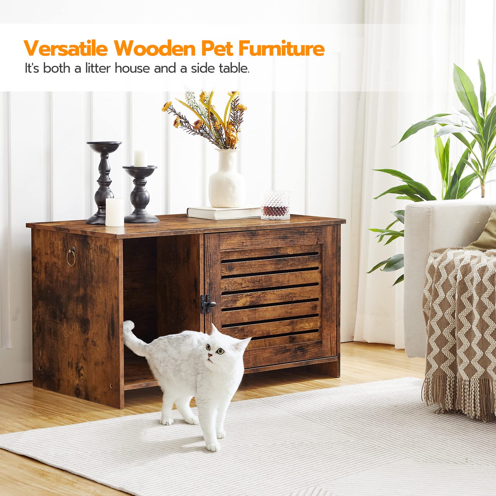 Hoobro Cat Litter Box Enclosure, Hidden Litter Box Furniture With Louvered Door, Spacious Hidden Litter Cabinet With Divider, Ca