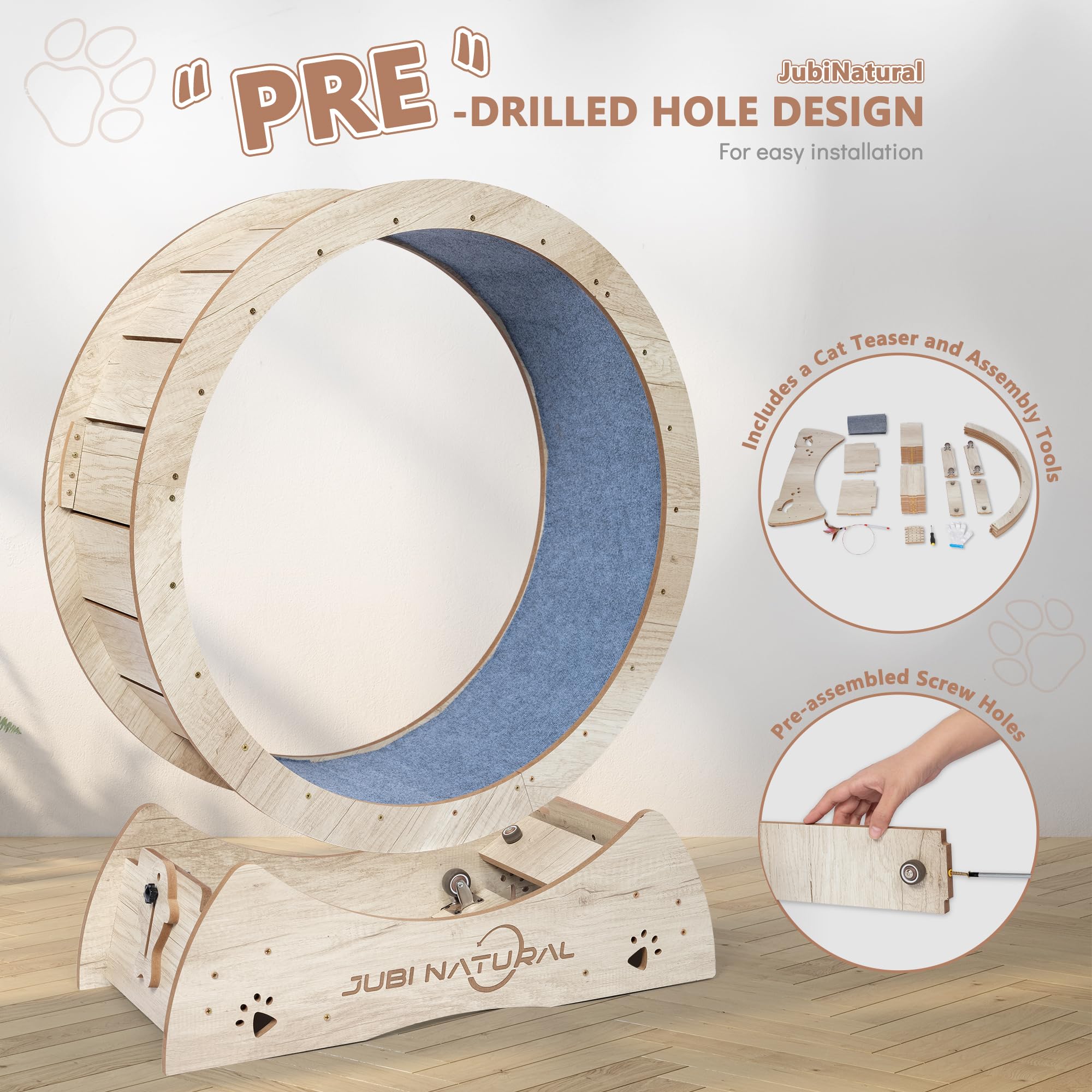 Jubinatural Cat Exercise Wheel, 33.9'' Cat Running Wheel For Indoor Cats With Quiet Carpeted Runway, Cats Treadmill Wheels With