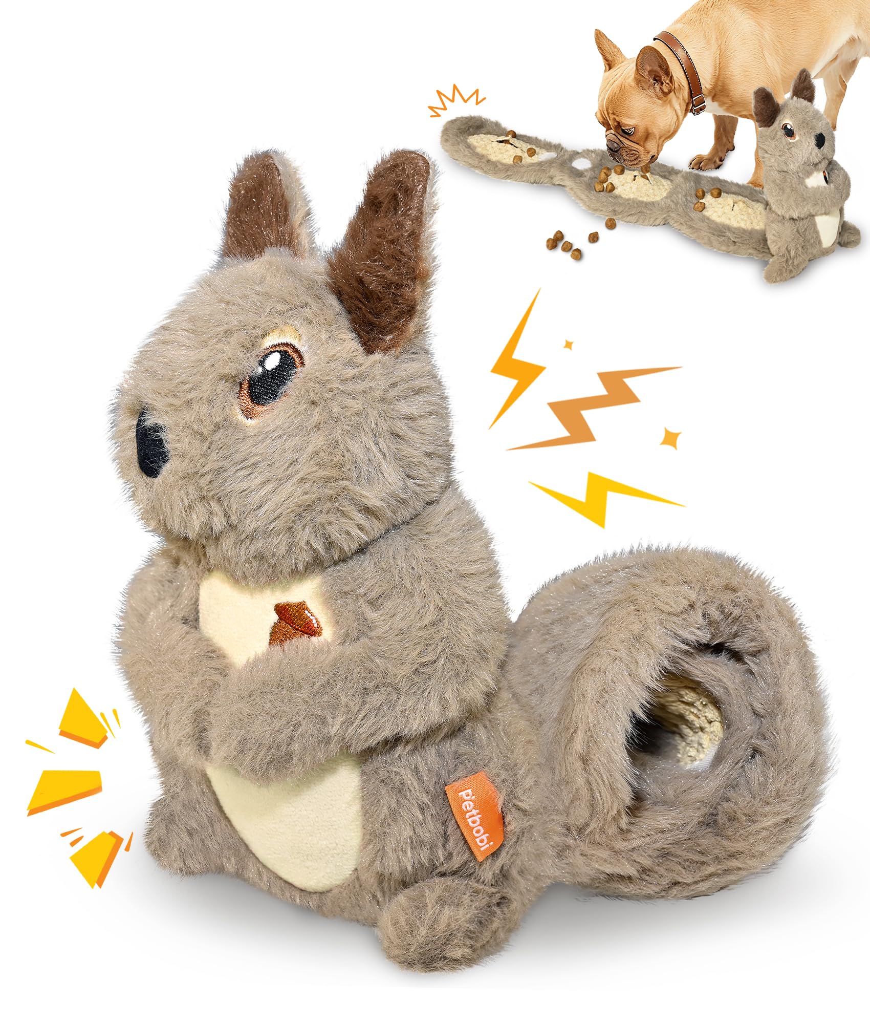 Petbobi Squeaky Dog Toy - Interactive Plush Squirrel Enrichment Toy with Treat-Hiding Pockets & Slow Feeder Puzzle for Small & M