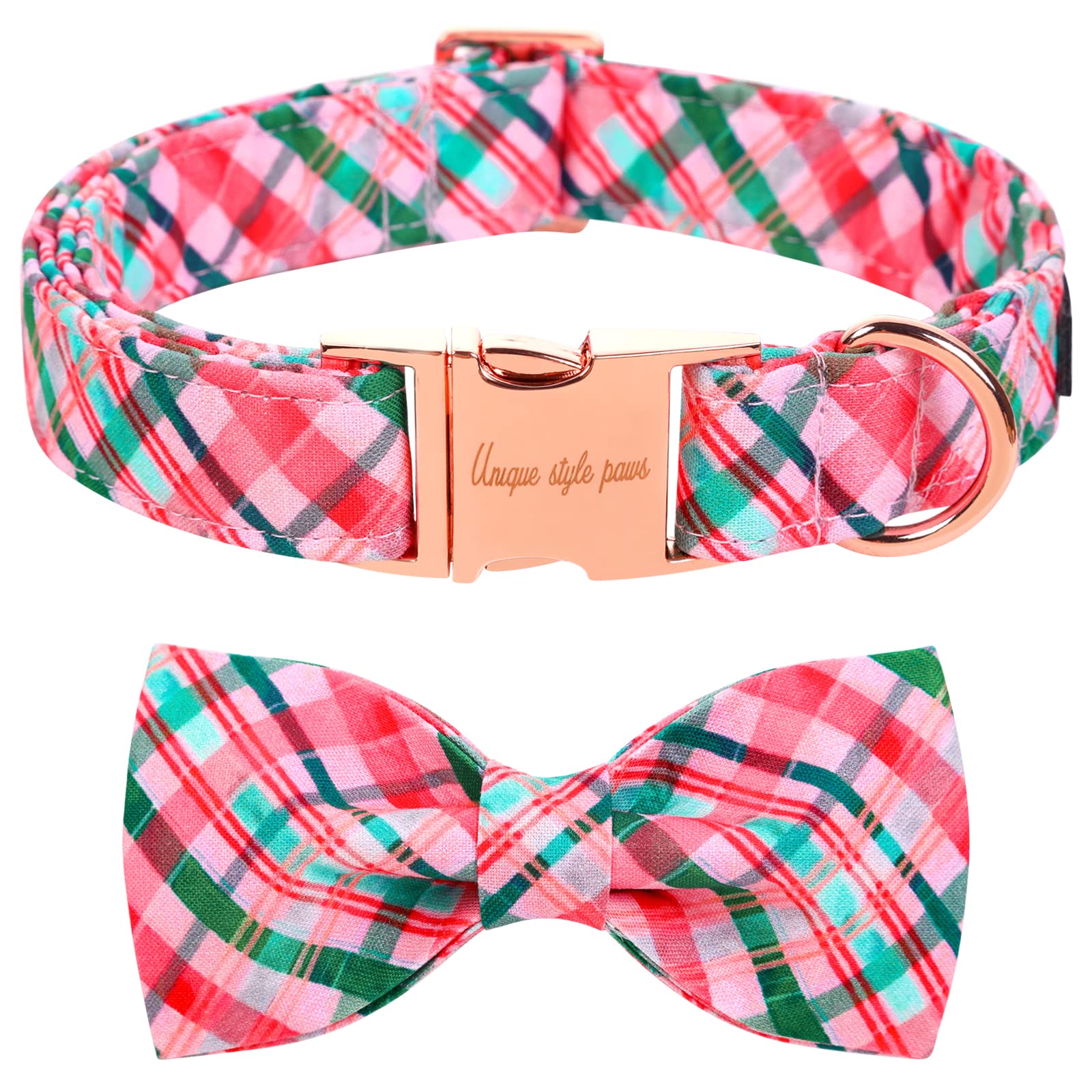 Unique Style Paws Dog Collar With Bow Pink & Green Plaid Dog Collar Best Gifts For Small Medium Large Dogs -Xl