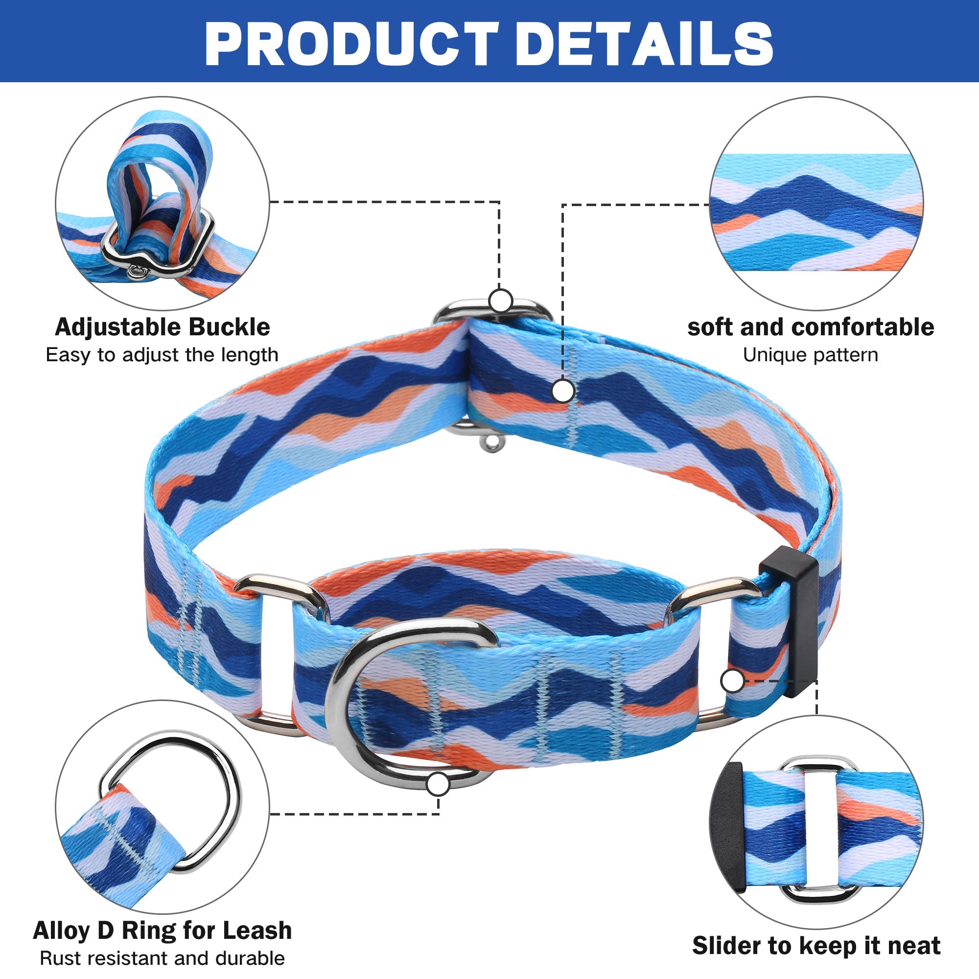 Hikiko Martingale Collar For Dogs With No Buckle Boy Male No Slip Dog Collars For Medium Dogs,Blue Mountain,M
