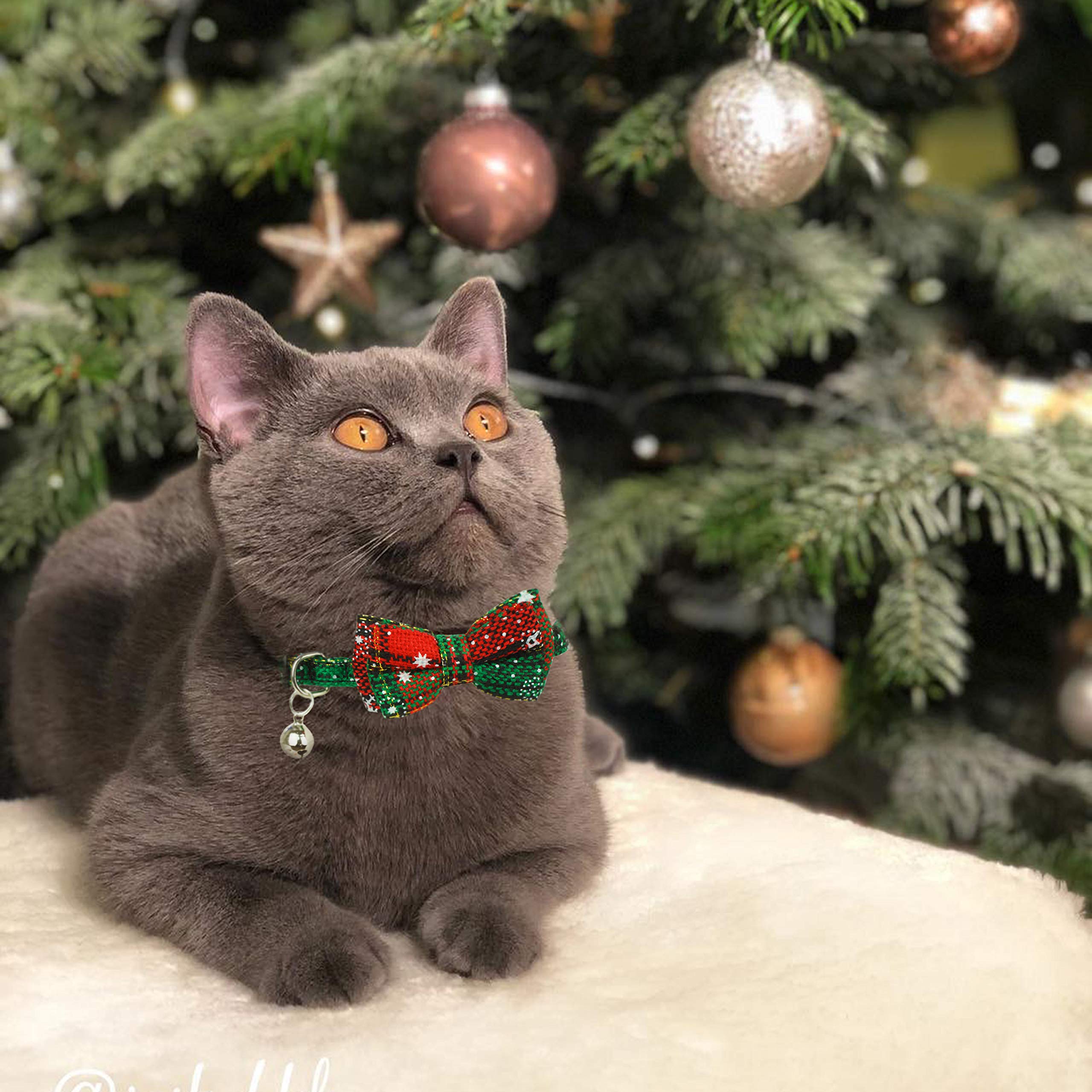 Christmas?At?Ollar?Ith?Ow Tie And Bell, Holiday Buffalo Plaid Breakaway Kitty Kitten Collar For Girl Boys Male Female Cats