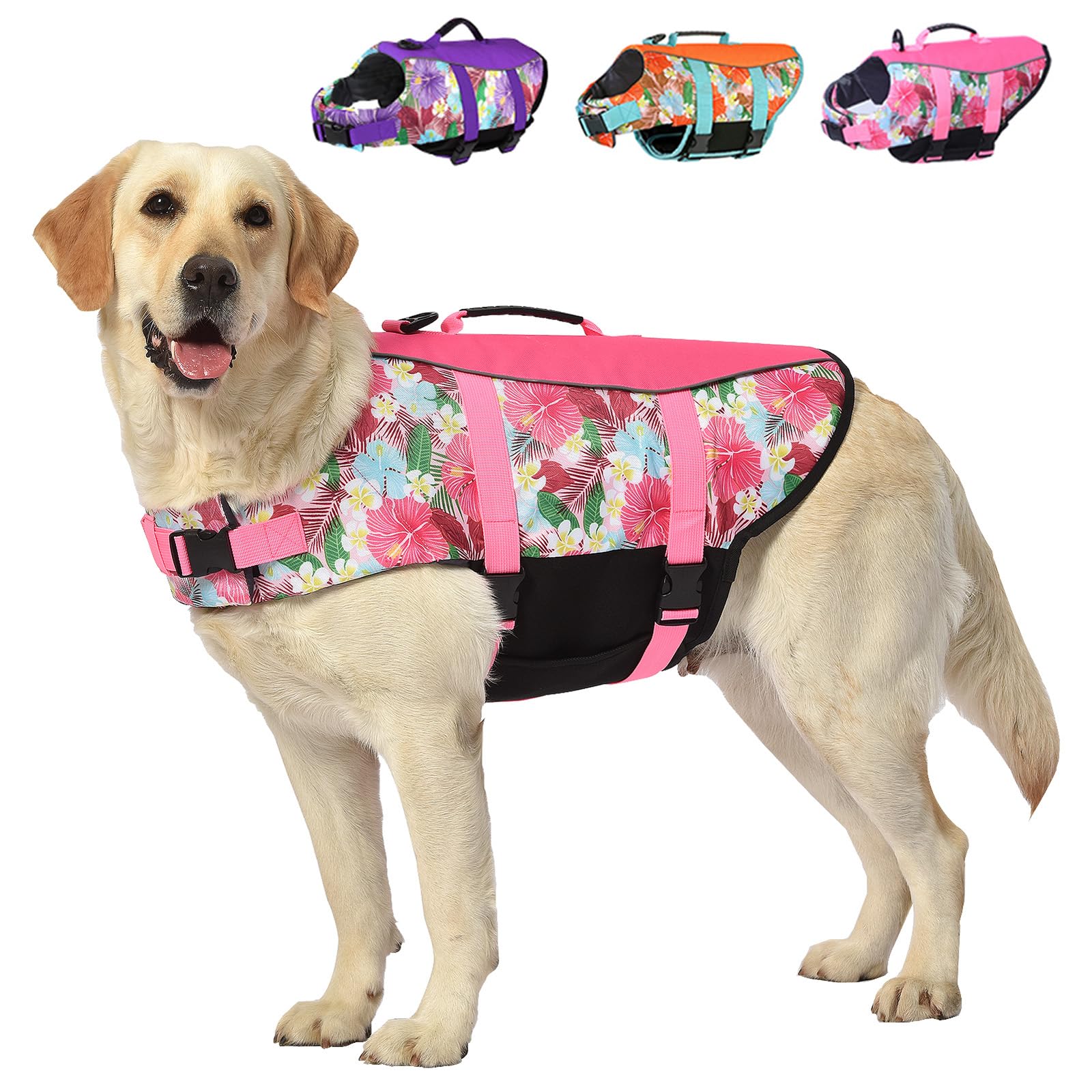 Dog Life Jacket Medium, High Flotation Dog Life Vest For Swimming Boating, Hawaiian Reflective Puppy Swim Vest, Adjustable Safet