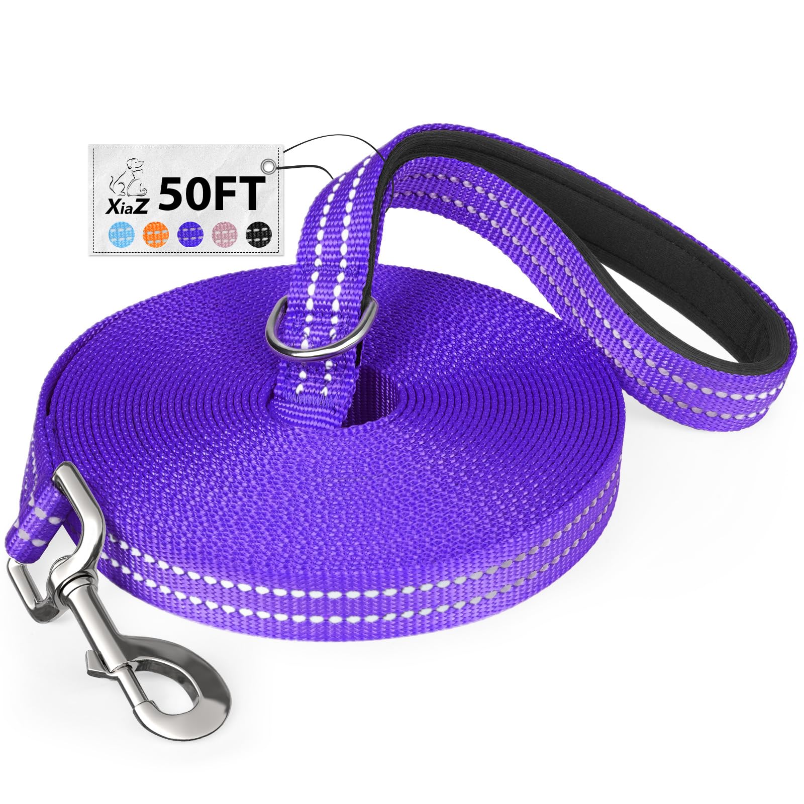 Xiaz 50 Feet Dog Training Leash, Nylon, Purple, Reflective, Padded Handle, 550 Lbs Bearing, Lightweight Suitable For Small, Medi