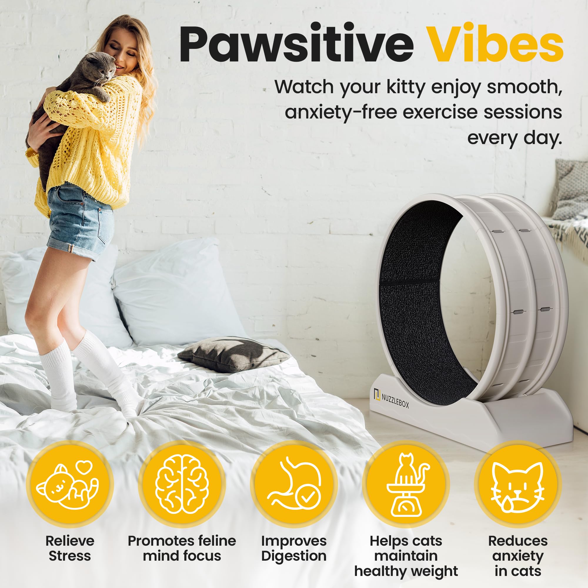 Nuzzlebox Cat Exercise Wheel With Teaser - Silent Indoor Running Wheel For Cats, Includes Safety Lock - Fitness And Entertainmen