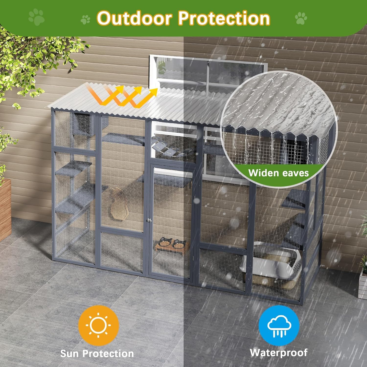 COZIWOW Catio Outdoor Cat Enclosure Window, 104 Wooden Large Catio Outside Cattery for Multiple Cats with Sloped Waterproof Cove