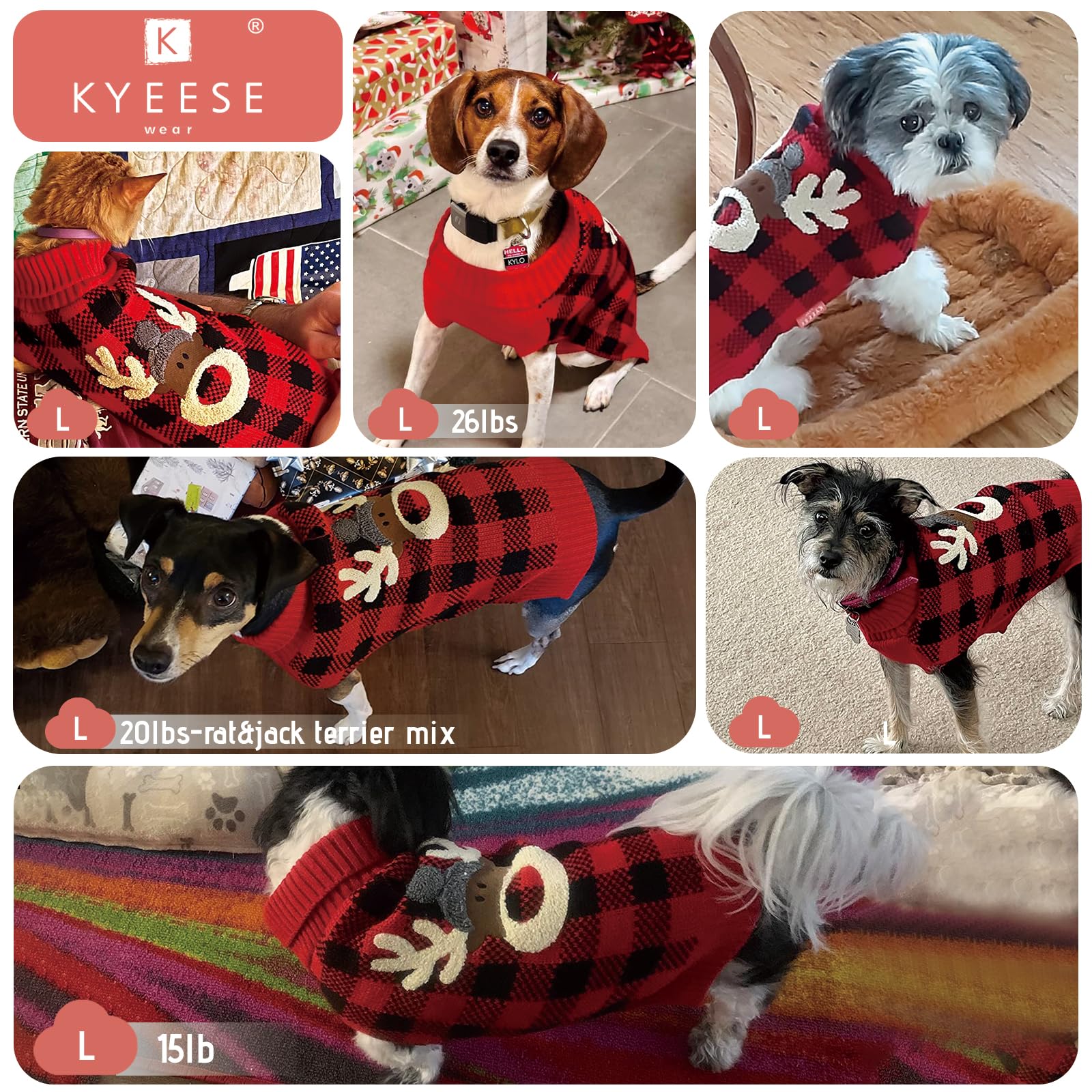 Kyeese Dog Sweater Reindeer With Leash Hole Dog Sweaters Red Buffalo Check Pet Sweater,L