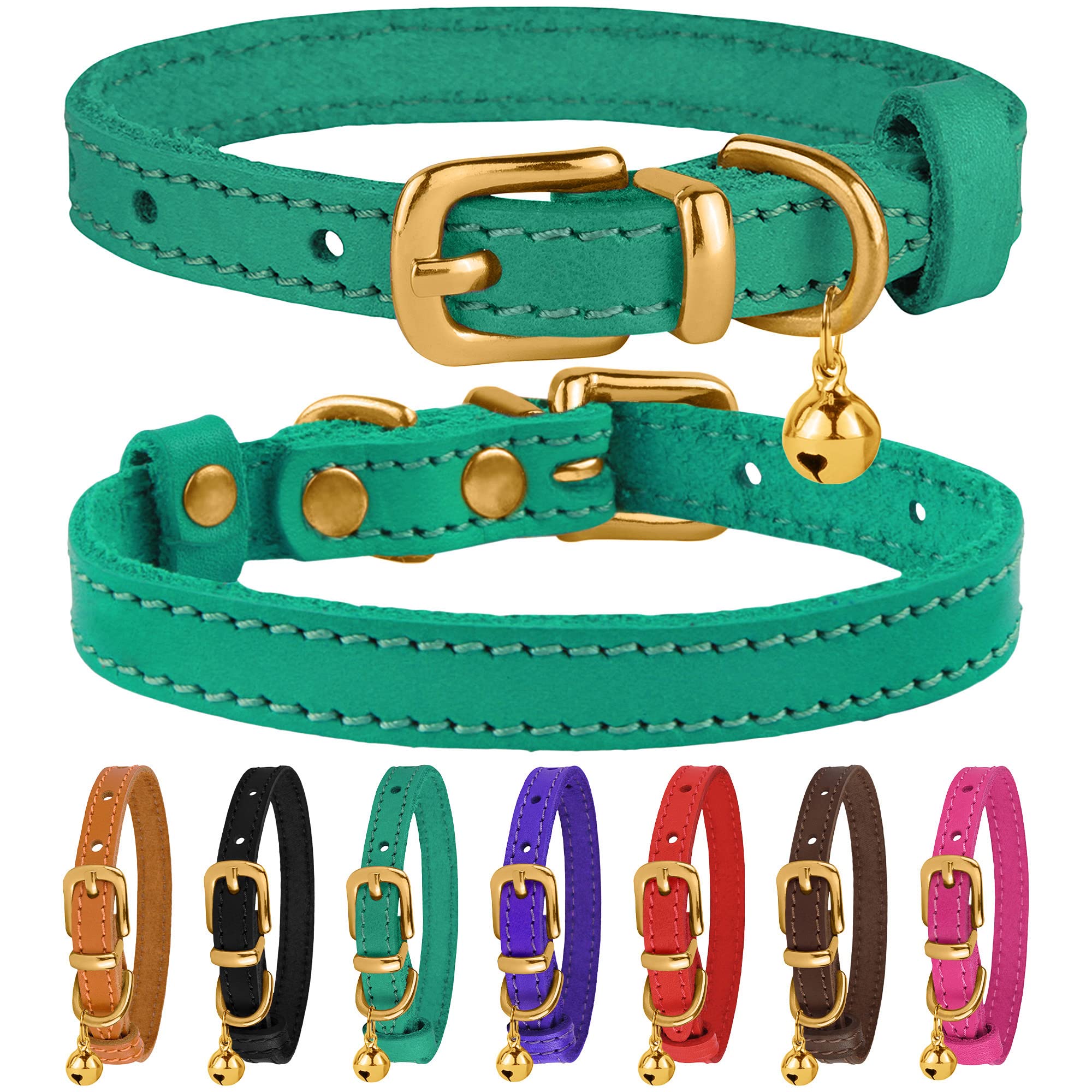Bronzedog Leather Cat Collar With Bell Non Breakaway Kitten Qr Tag For Girl Boy (9'' - 11'' Cats/Mini Dogs, Green & Gold)