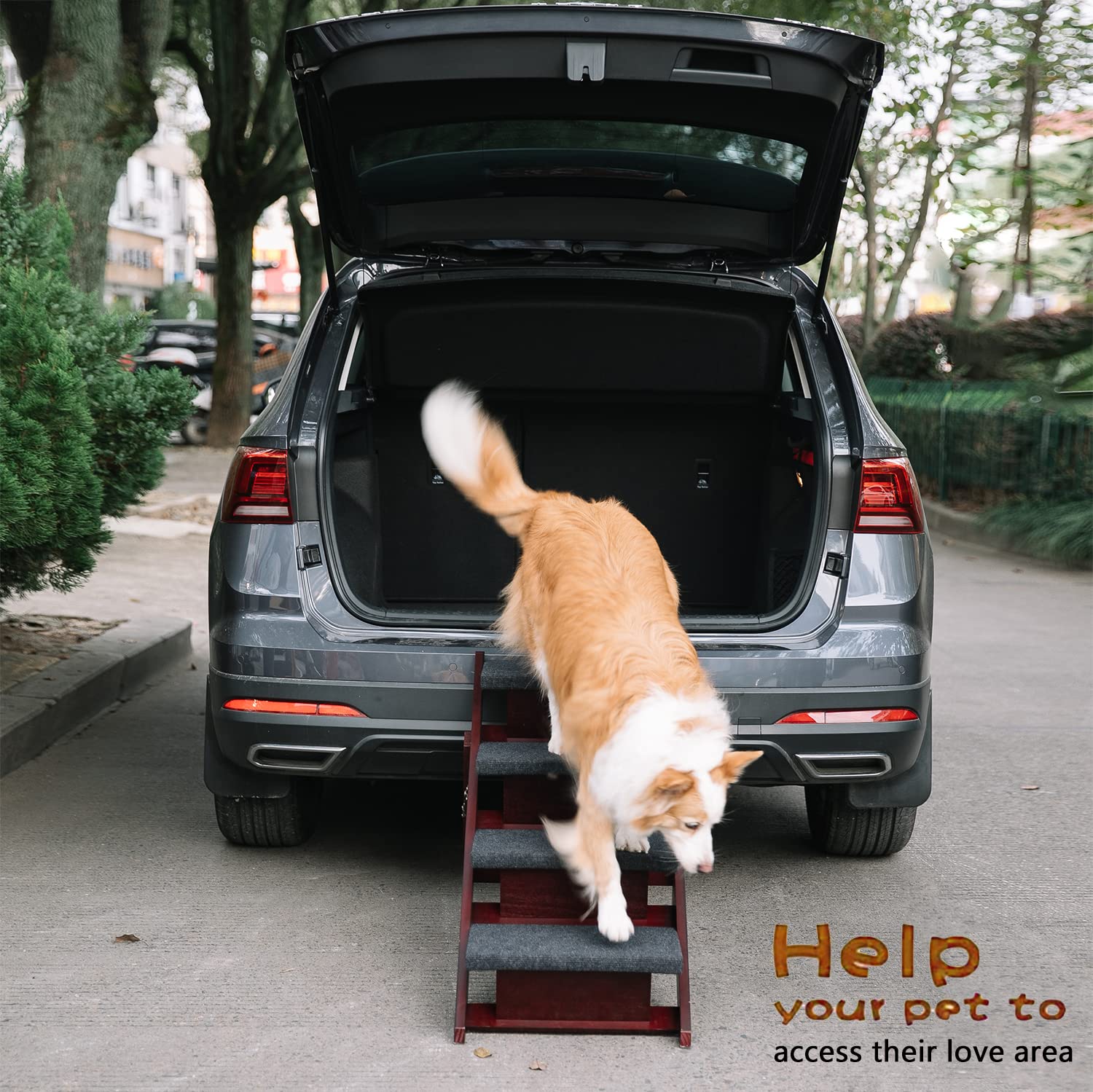 Mewang Wooden Pet Stairs/Pet Steps - 2-In-1 Foldable Stairs & Ramp For Beds And Cars - Portable Dog/Cat Ladder Up To 110 Pounds - Great For Small And Older Animals(Brown)