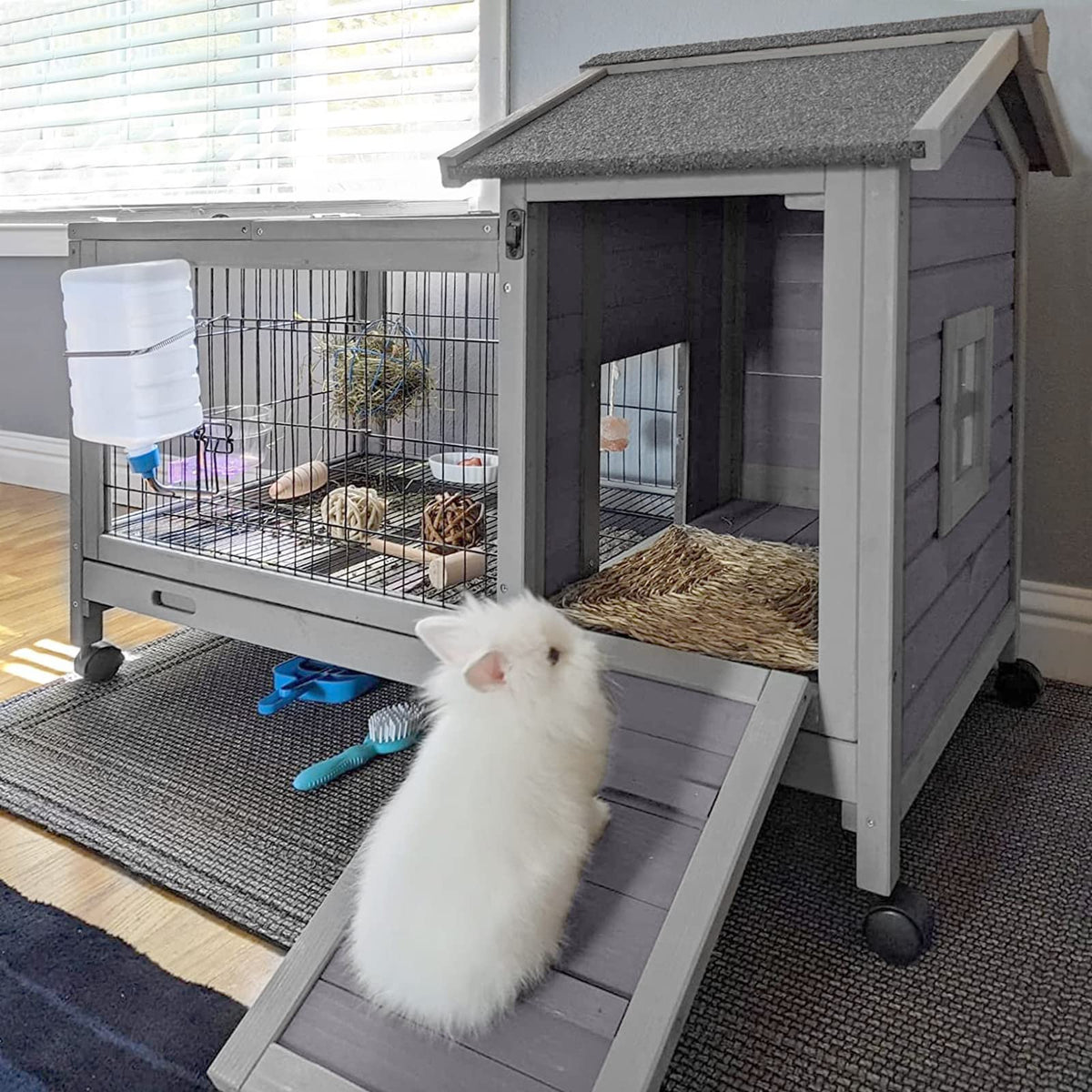 Indoor Rabbit Hutch Bunny Cage With 4 Casters, Bunny Hutch -Removable Wire Grate